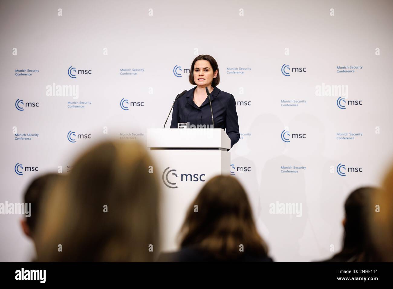 Munich, Germany. 18 February, 2023. Belarus opposition leader Sviatlana Tsikhanouskaya holds a press conference during the Munich Security Conference at the Bayerischer Hof Hotel February 18, 2023 in Munich, Germany.  Credit: Matthias Balk/MSC/Matthias Balk/MSC/Alamy Live News Stock Photo