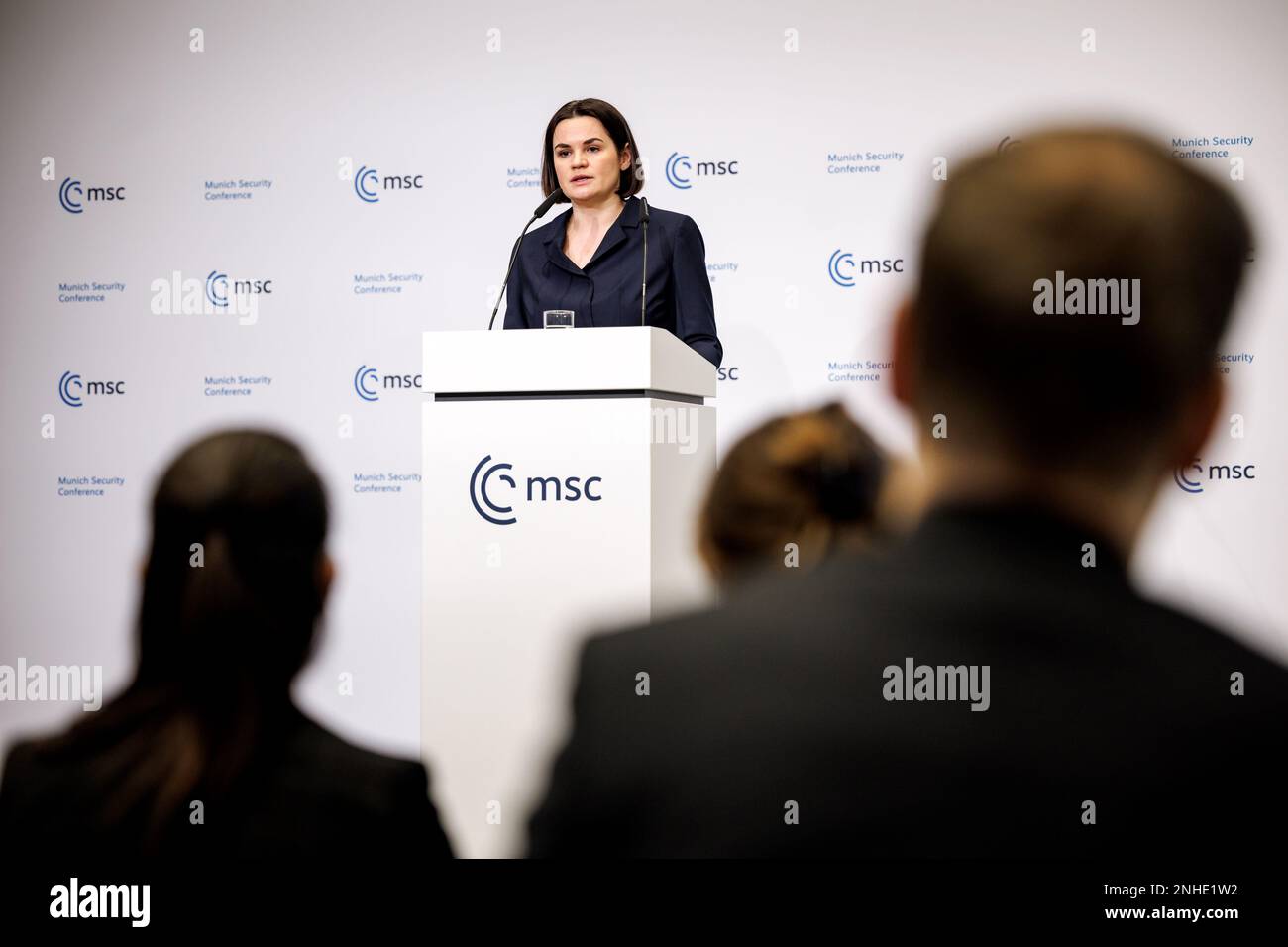 Munich, Germany. 18 February, 2023. Belarus opposition leader Sviatlana Tsikhanouskaya holds a press conference during the Munich Security Conference at the Bayerischer Hof Hotel February 18, 2023 in Munich, Germany.  Credit: Matthias Balk/MSC/Munich Security Conference/Alamy Live News Stock Photo