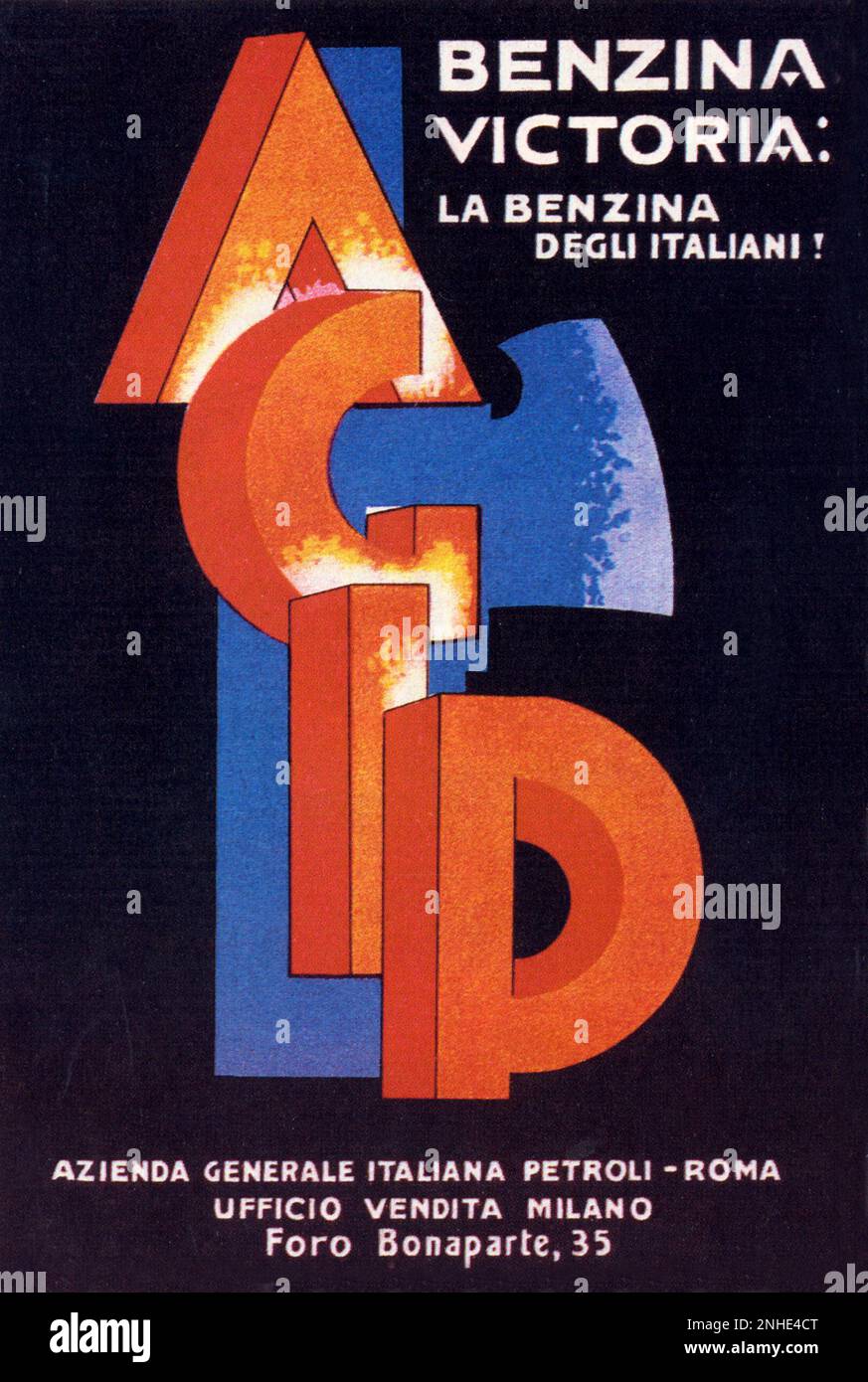 1930 ca.   , Italy : Poster advertising BENZINA VICTORIA AGIP ( Azienda Generale Italiana Petroli )   - FASCISMO - FASCIST -  FASCISTA - FASCISM - ANNI TRENTA - 30's - '30 - pubblicità - manifesto pubblicitario  - SECONDA GUERRA MONDIALE - WORLD WAR II - WW 2nd - ART DECO - decò - PETROLIO - GASOLINE  ----  Archivio GBB Stock Photo