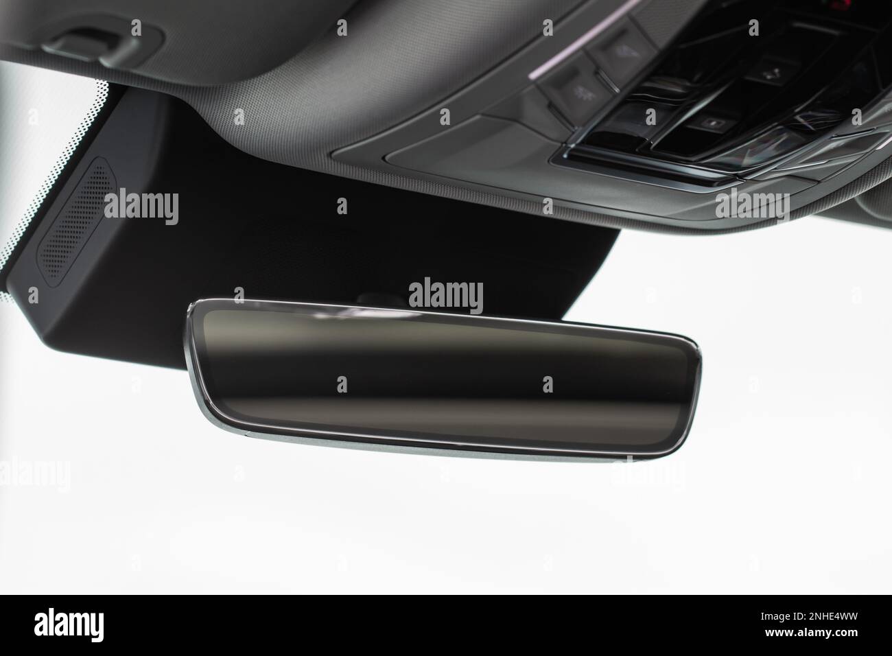 Rear view mirror closeup in nodern car. Car rear view mirror inside the ...