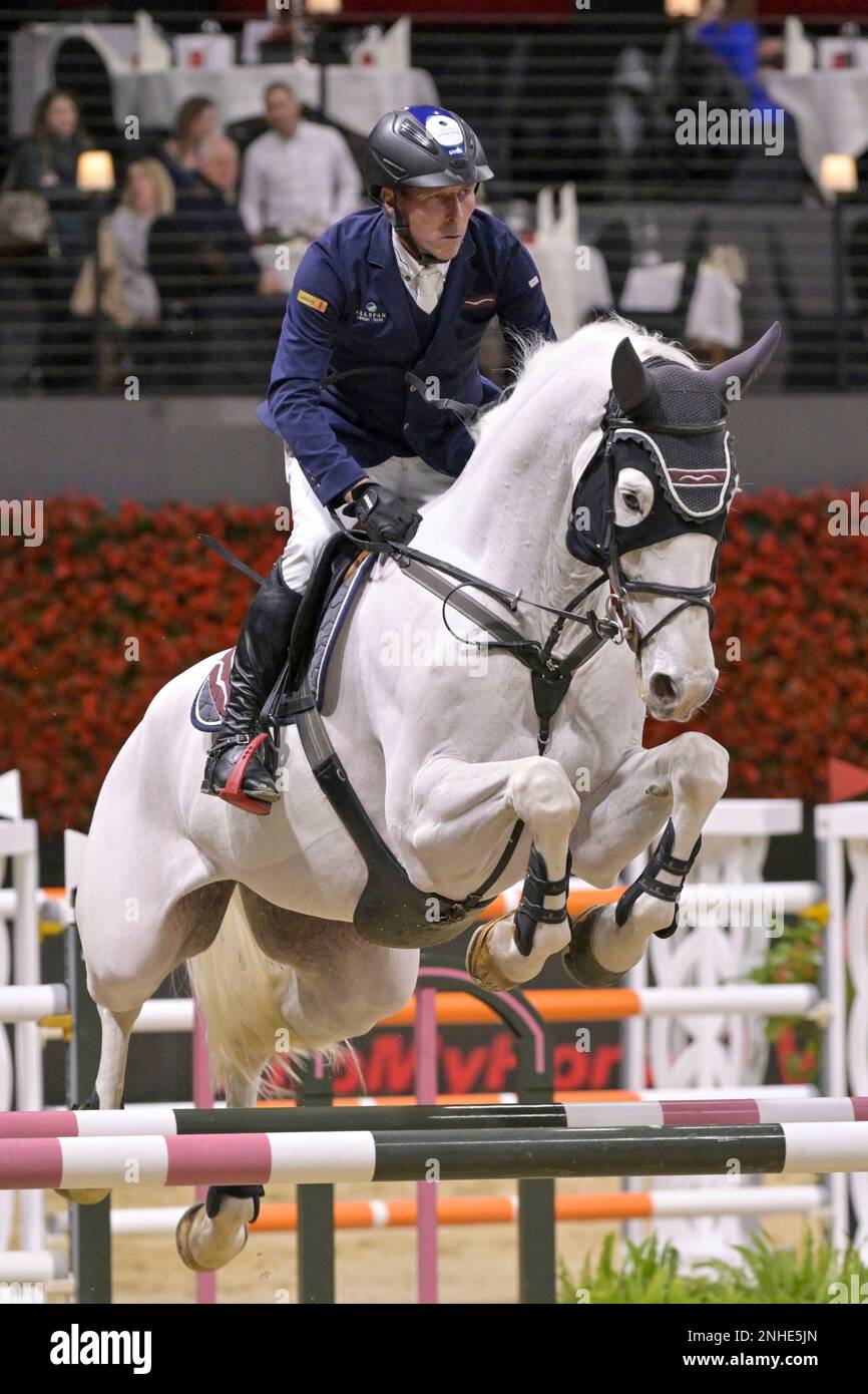 Germanys Hans-Dieter Dreher rides Elysium during the jumping competition prize of Bemer at the CHI Classics Basel international horse show at the St. Jakobshalle in Basel, Switzerland, Thursday, Jan