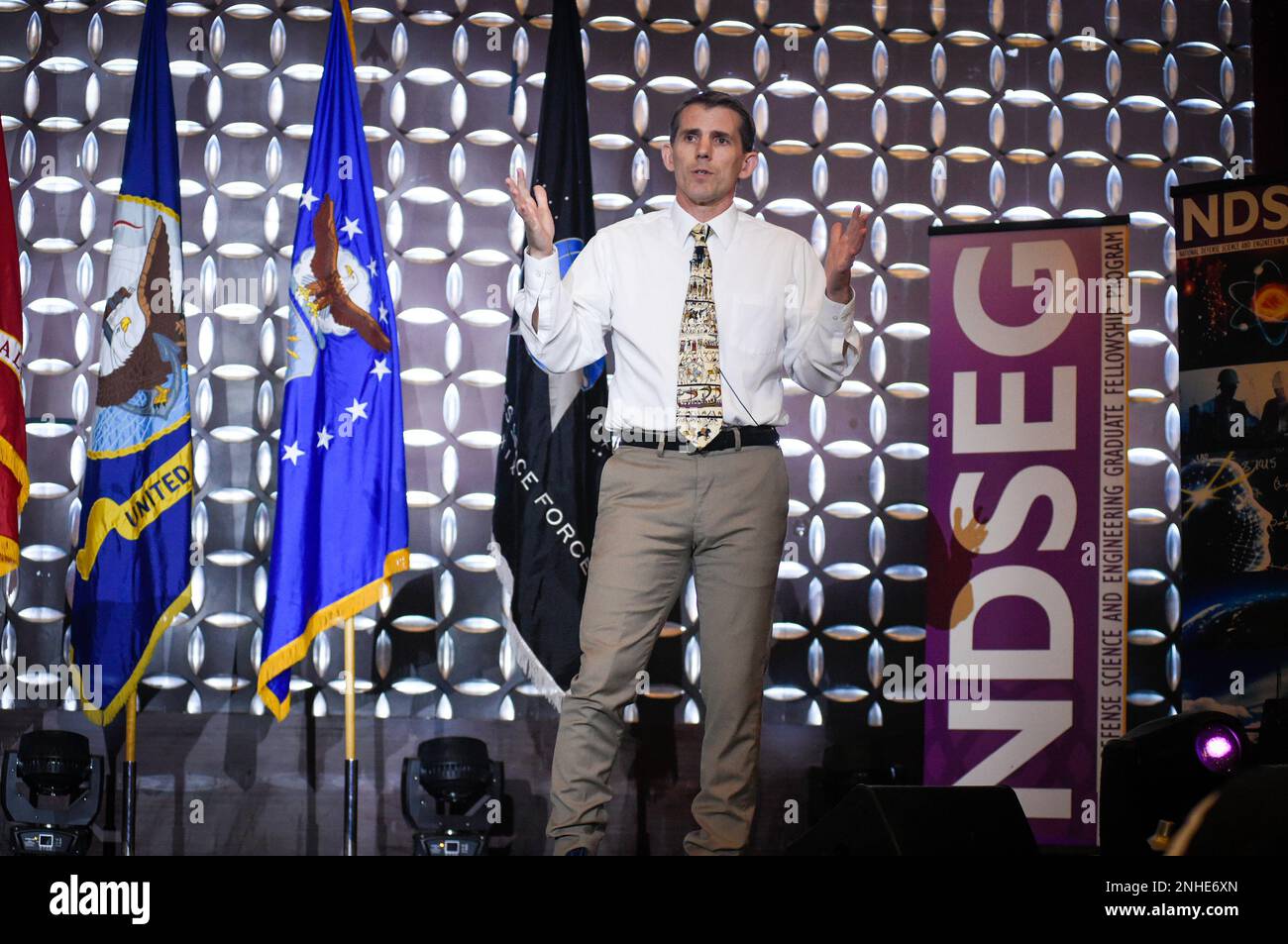 Dr. Jason Stack, director for the Ocean, Atmosphere and Space Research Division of the Office of Naval Research, gives a keynote speech at the 2022 DoD National NDSEG Fellows Conference. Stock Photo