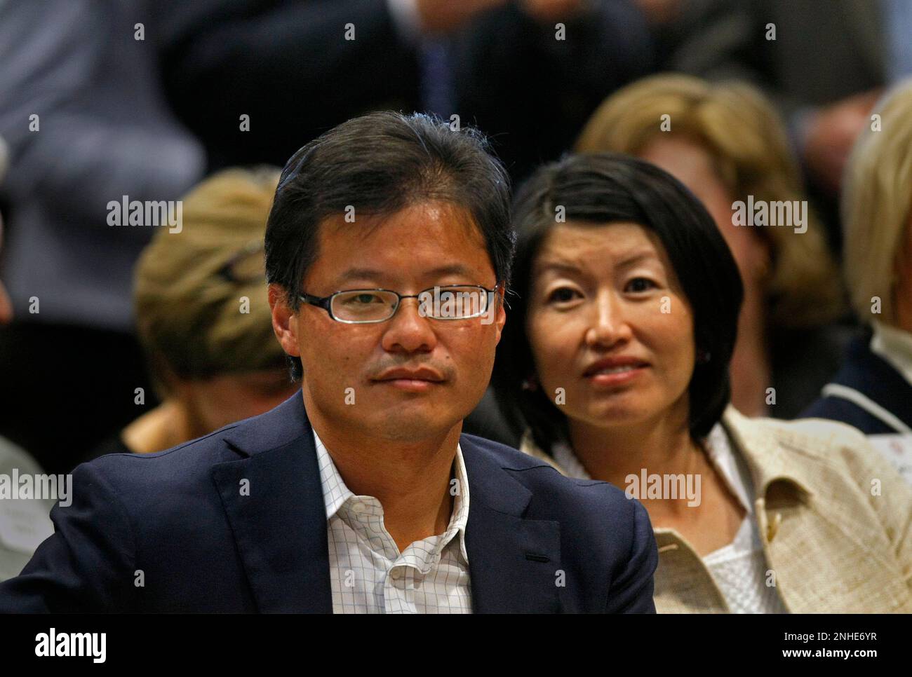 Yahoo CEO, Jerry Yang and his wife Akiko Yamazaki listening to speakers as they attend the dedication ceremony for the Jerry Yang and Akiko Yamazaki Environment and Energy building at Stanford University in Palo Alto, Calif., on Mar. 4, 2008. Photo by Michael Macor/ San Francisco Chronicle (Michael Macor/San Francisco Chronicle via AP) Stock Photo
