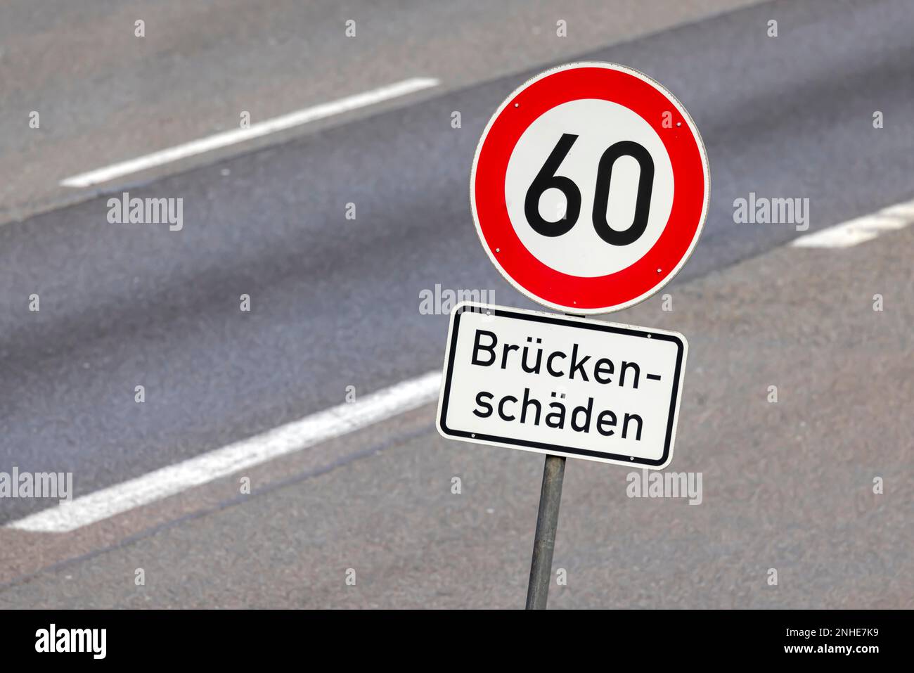 Traffic sign, warning of bridge damage on the A8 motorway, symbol photo ...