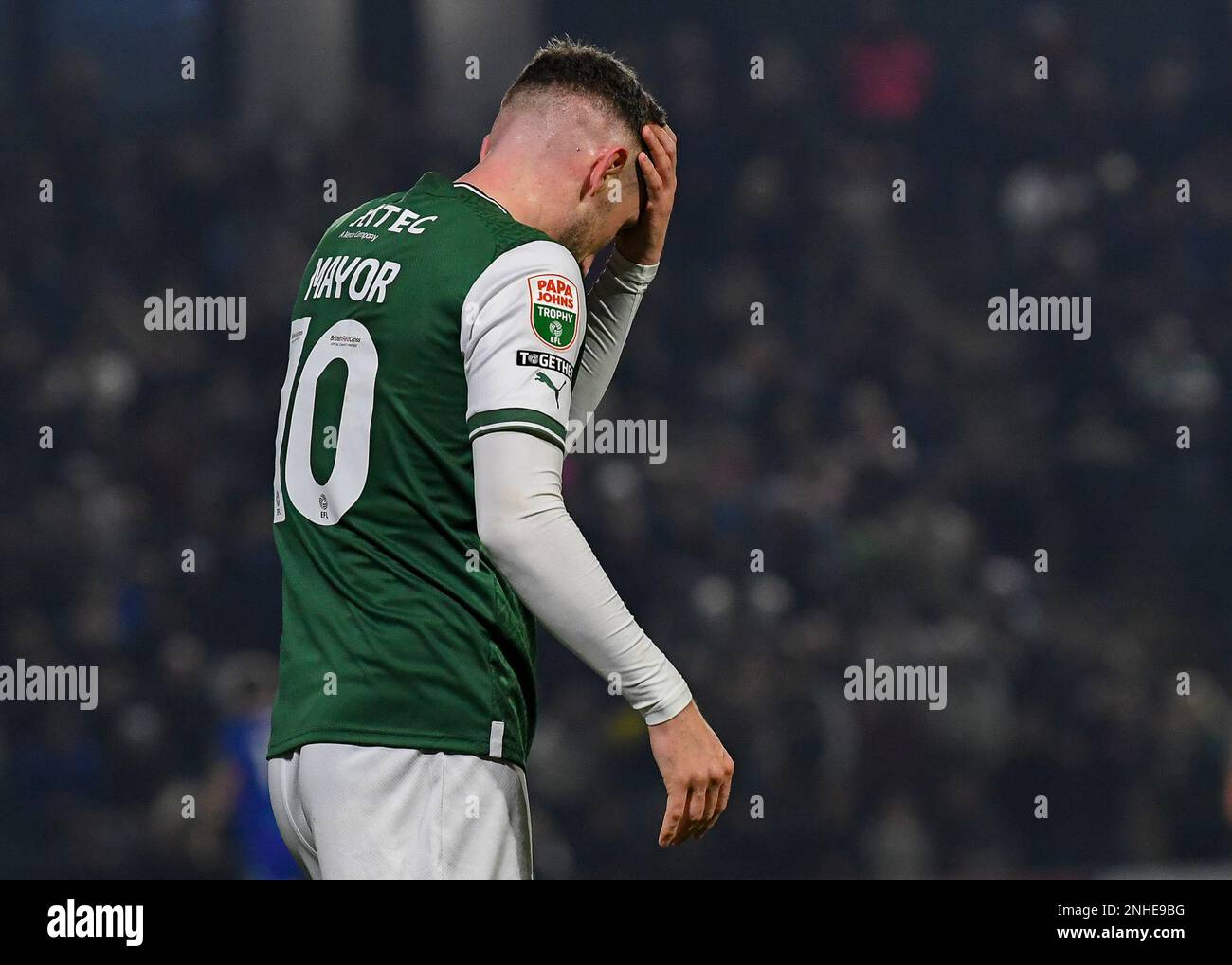 Plymouth Argyle midfielder Danny Mayor  (10) looks dejected as his goal is disallowed  during the Papa John's Trophy match Plymouth Argyle vs Cheltenham Town at Home Park, Plymouth, United Kingdom, 21st February 2023  (Photo by Stanley Kasala/News Images) Stock Photo