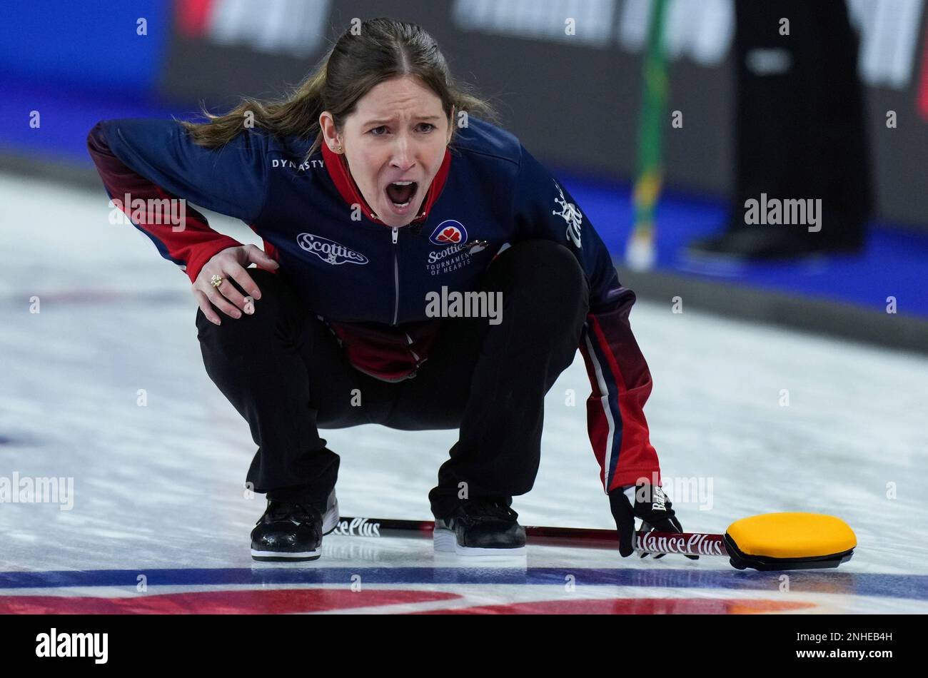 Team Wild Card 1 skip Kaitlyn Lawes calls out to the sweepers while playing Saskatchewan at the Scotties Tournament of Hearts curling event in Kamloops, British Columbia, Tuesday, Feb