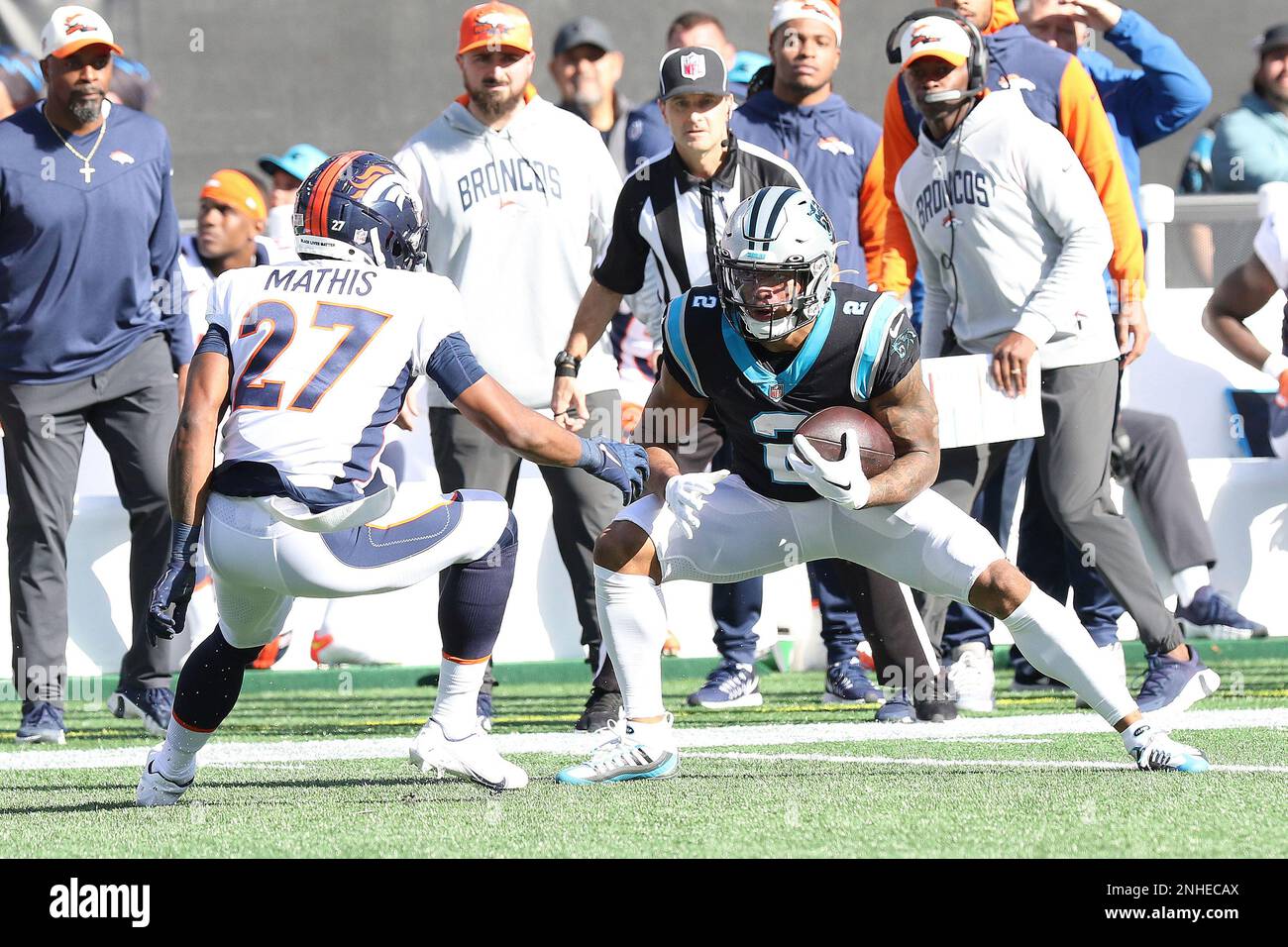 CHARLOTTE, NC - NOVEMBER 27: Carolina Panthers wide receiver DJ Moore (2)  during an NFL football game between the Denver Broncos and the Carolina  Panthers on November 27, 2022, at Bank of