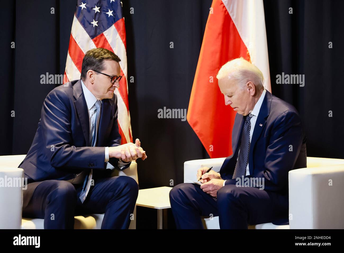 Warsaw, Poland. 21st Feb, 2023. US President Joe Biden (R) mett with Poland's Prime Minister, Mateusz Morawiecki (L) during a welcoming ceremony ahead of their meeting at the Presidential Palace in Warsawon Tuesday, February 21, 2023. Photo by Polish PM Press Office/UPI Credit: UPI/Alamy Live News Stock Photo