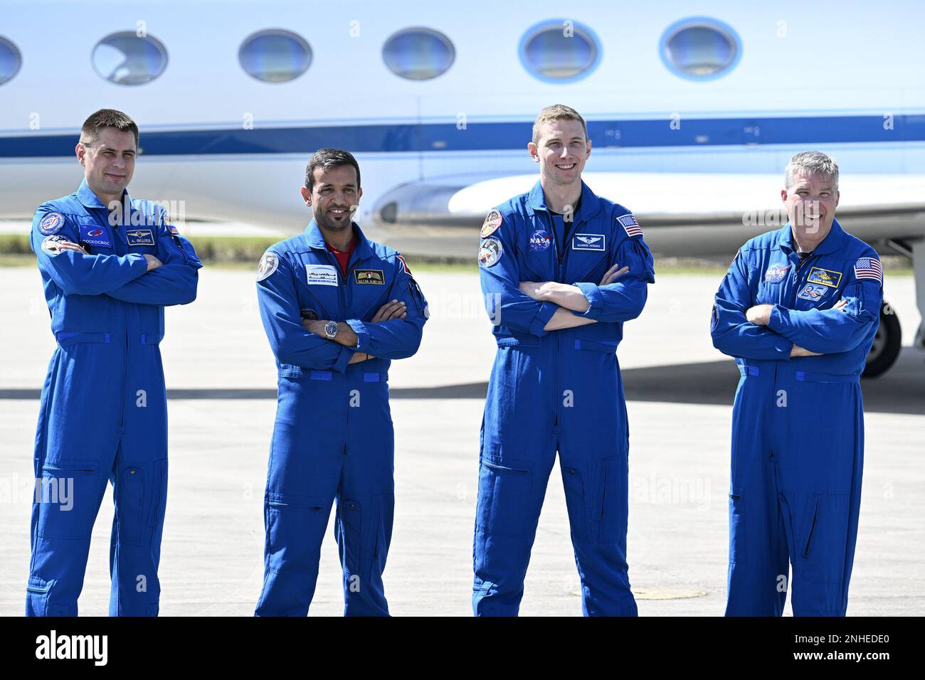 Kennedy Space Center, Florida, USA. 21st February, 2023. Russian Cosmonaut Andrey Fedyaev, UAE Astronaut Sultan Al Neyadi and NASA Astronauts Stephen Bowen and Warren Hoburg pose for the media after arriving at the Kennedy Space Center, Florida on Tuesday, February 21, 2023.The crew will be launched to the International Space Station on the SpaceX Crew Dragon spacecraft. Photo by Joe Marino/UPI Credit: UPI/Alamy Live News Stock Photo