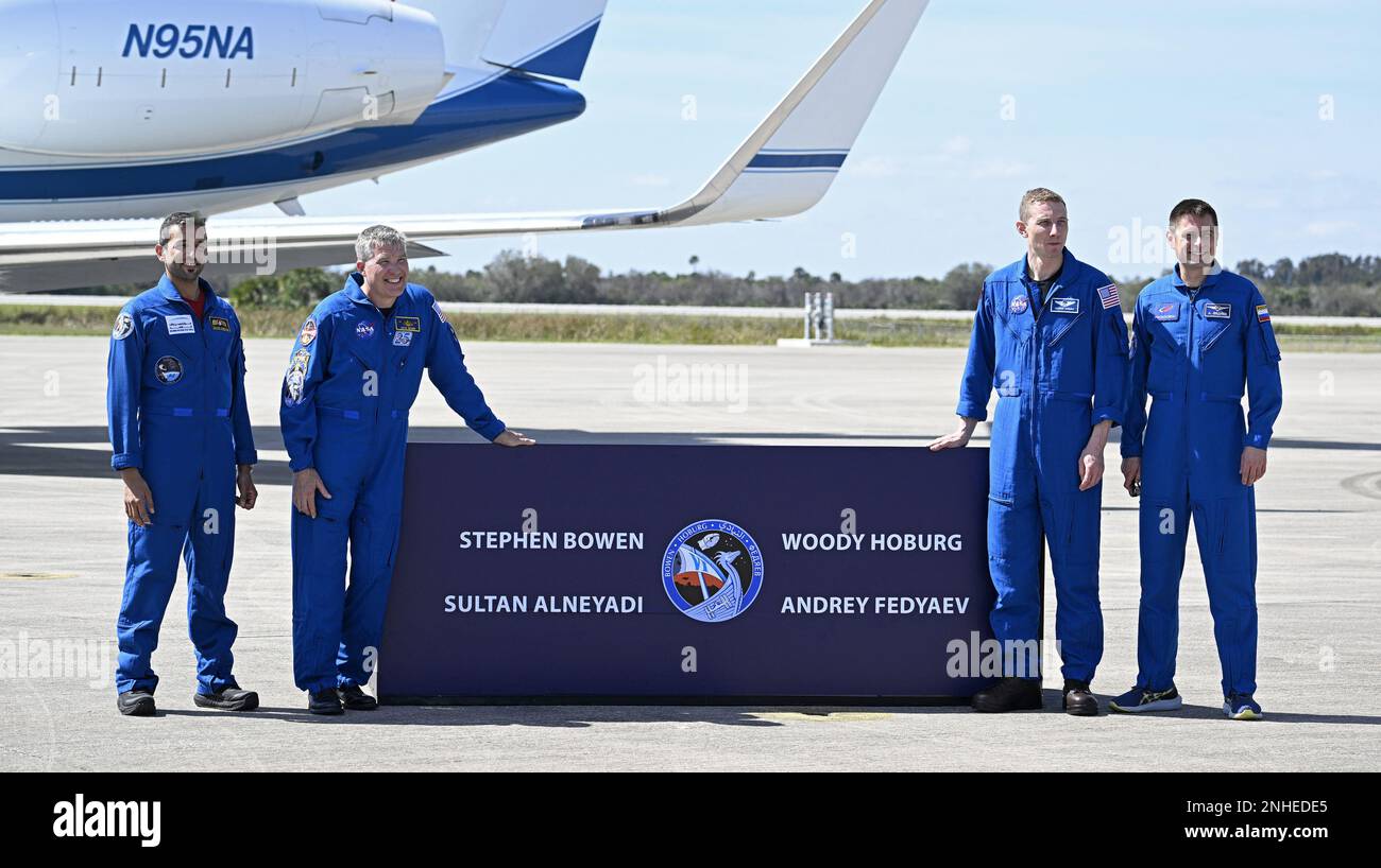 Kennedy Space Center, Florida, USA. 21st February, 2023. UAE Astronaut Sultan Al Neyadi, NASA Astronauts Stephen Bowen and Warren Hoburg and Russian Cosmonaut Andrey Fedaev (l to r) pose for the media after arriving at the Kennedy Space Center, Florida on Tuesday, February 21, 2023.The crew will be launched to the International Space Station on the SpaceX Crew Dragon spacecraft. Photo by Joe Marino/UPI Credit: UPI/Alamy Live News Stock Photo