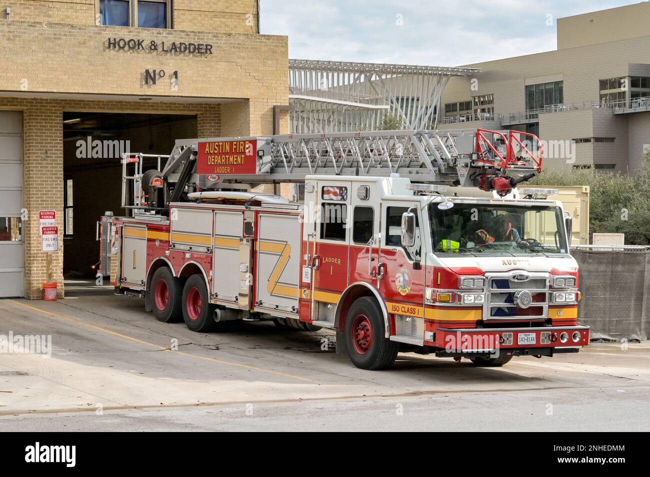 Austin, Texas, USA February 2023 Fire engine with ladder parked