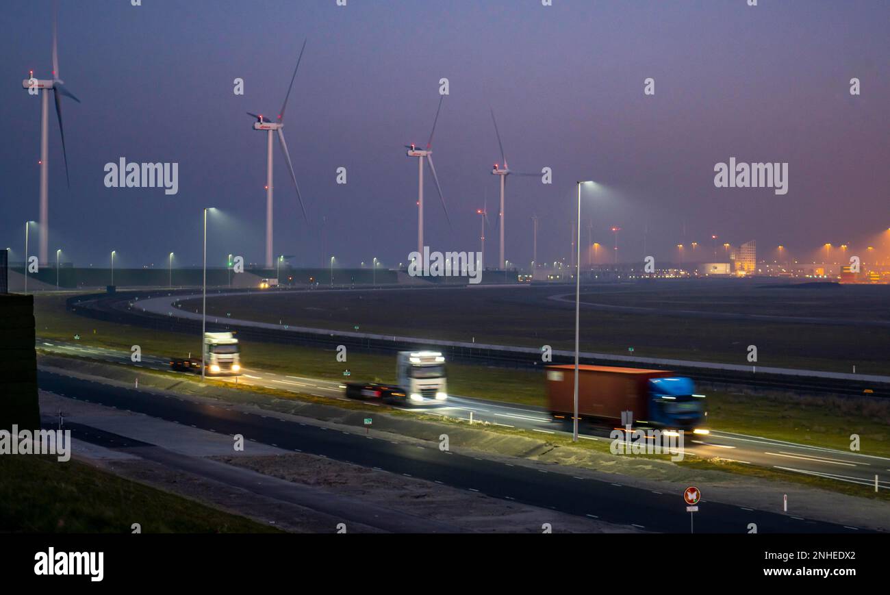 Truck on the road to Euromax Terminal Rotterdam, ENECO around the port