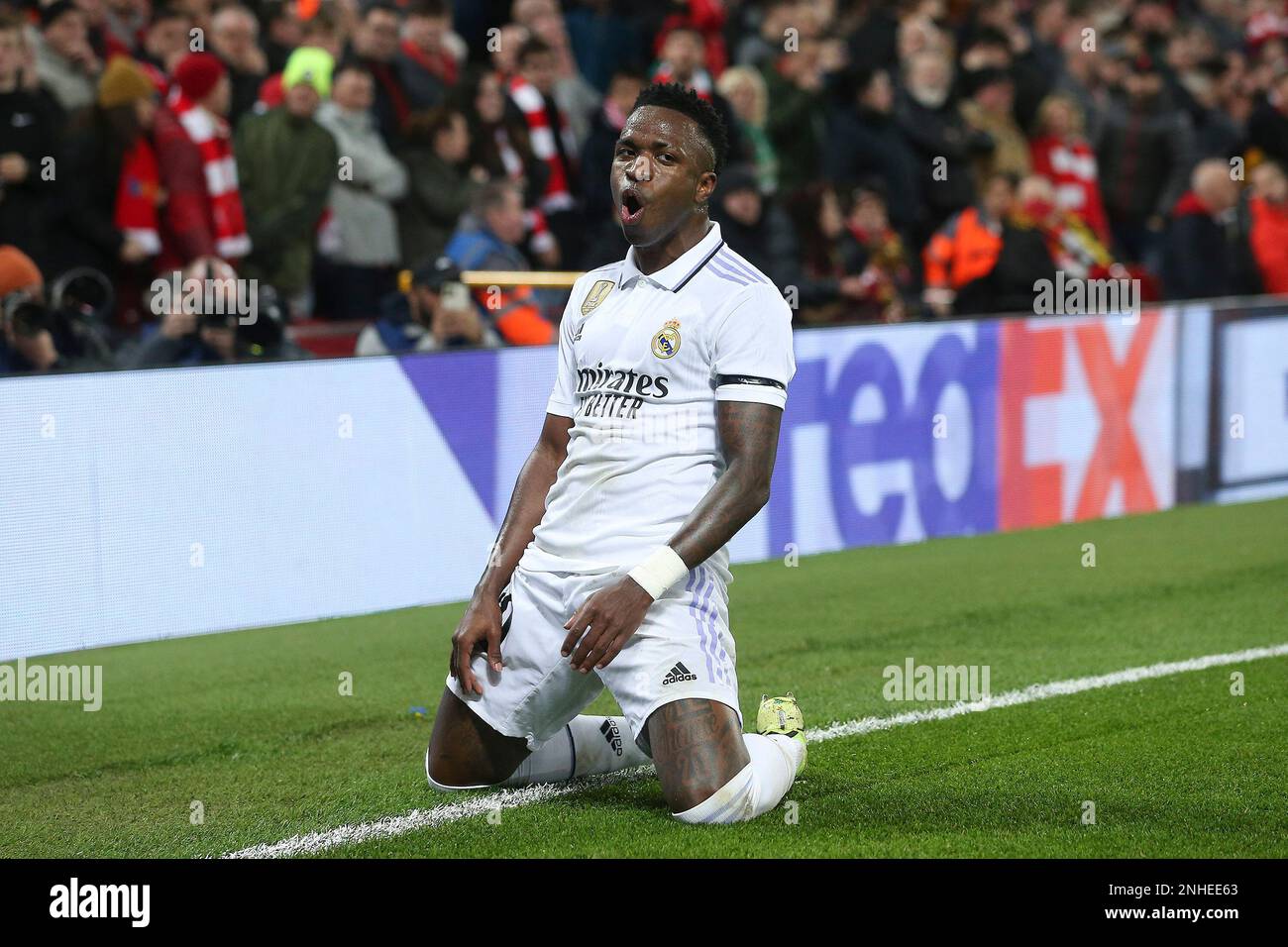 Liverpool UK. 21st Feb 2023. Vinicius Junior of Real Madrid celebrates after scoring his teams 2nd goal. UEFA Champions league round of 16 1st leg match Liverpool v Real Madrid at Anfield