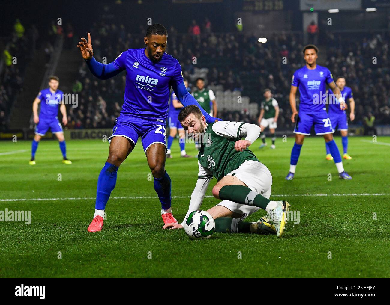 Cheltenham Town defender Ryan Jackson (22) defending Plymouth Argyle