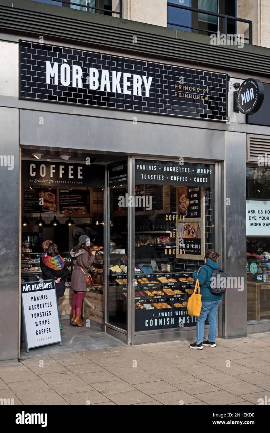 Exterior view of Mor Bakery on Princes Street, Edinburgh, Scotland, UK
