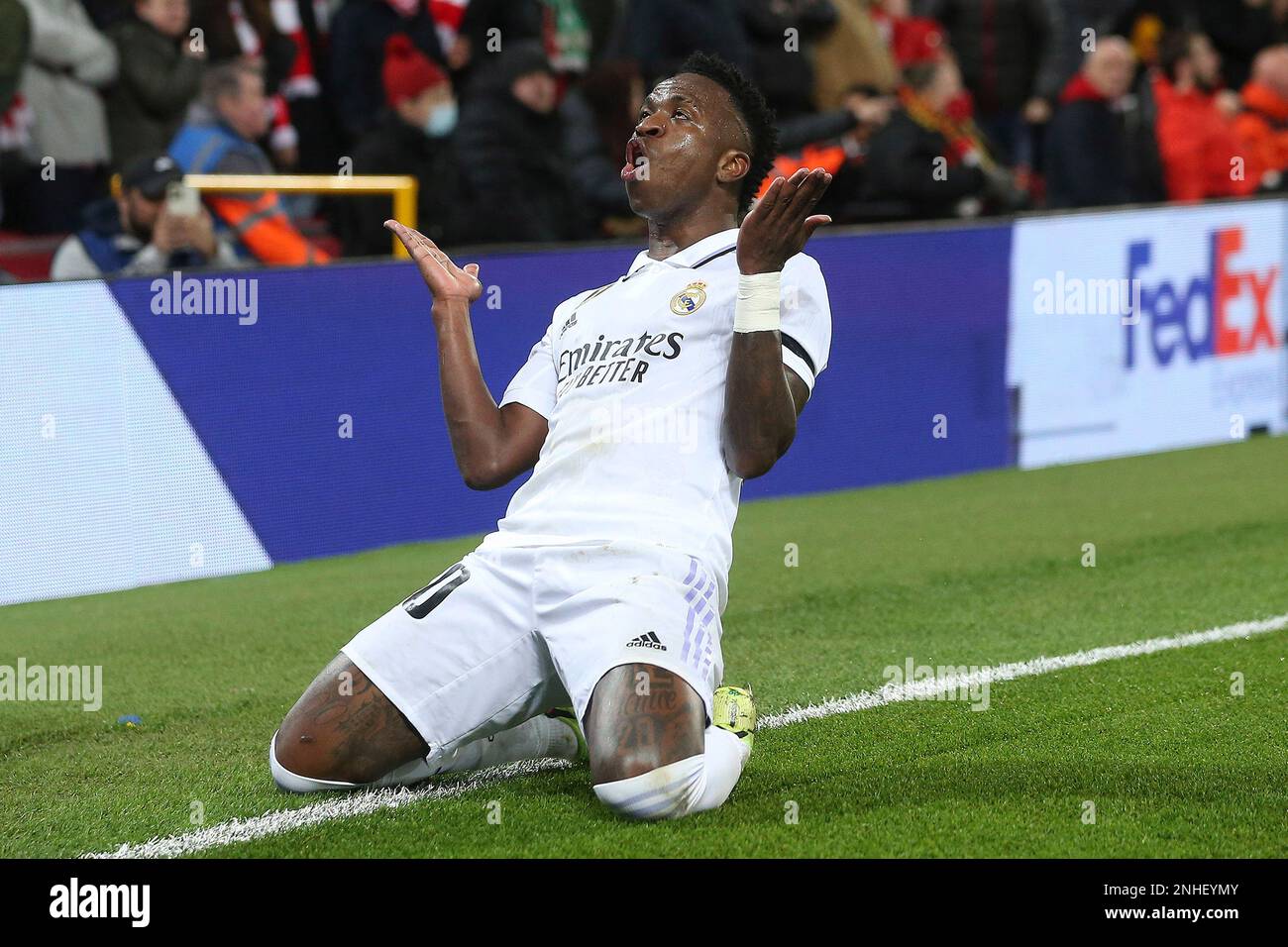 Liverpool UK. 21st Feb 2023. Vinicius Junior of Real Madrid celebrates after scoring his teams 2nd goal. UEFA Champions league round of 16 1st leg match Liverpool v Real Madrid at Anfield