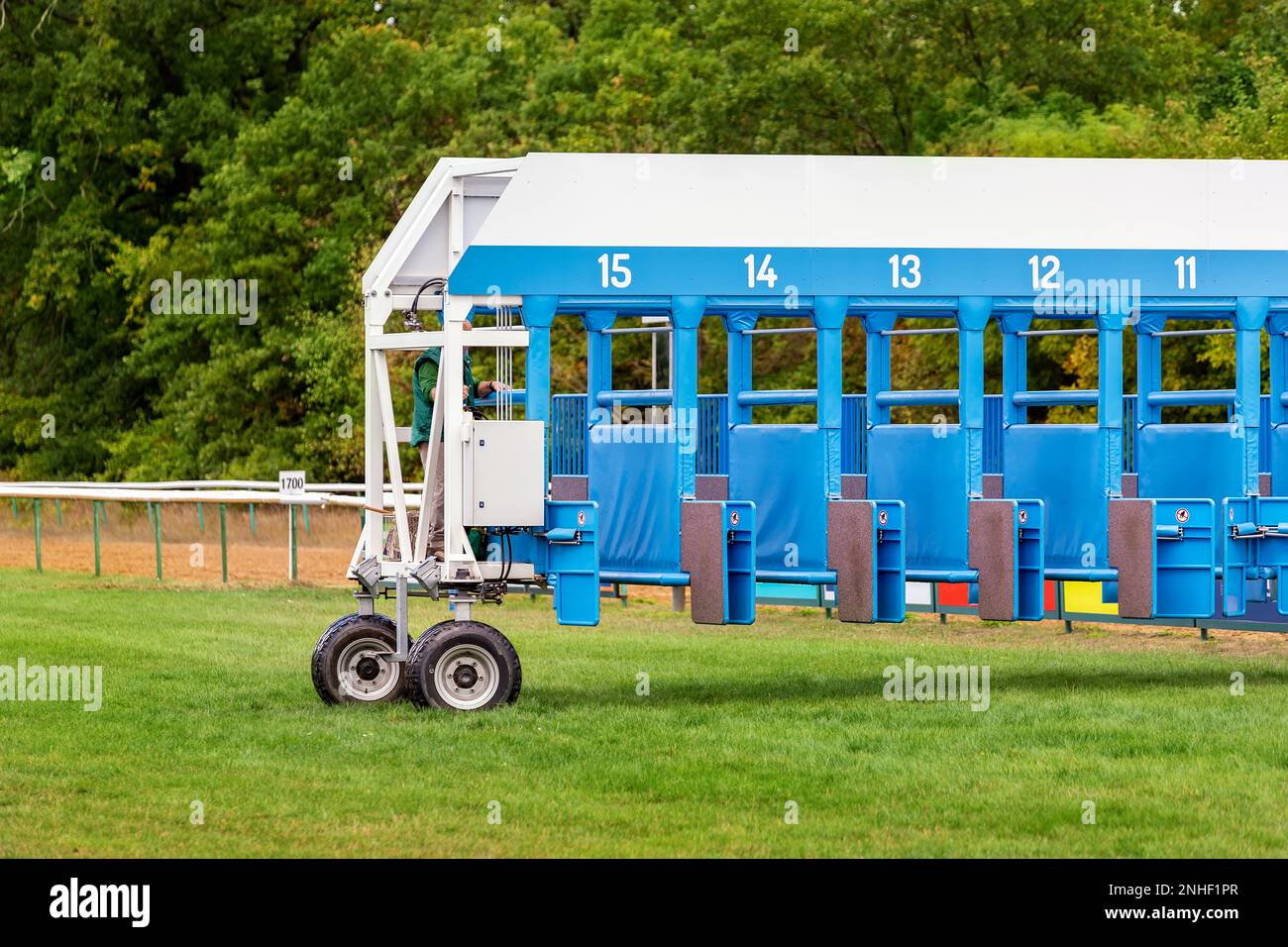 Blue horse racing starting gate on start by tractor machine at equiestrian racehorse hippodrome. Outdoor sport racecourse competition equipment Stock Photo