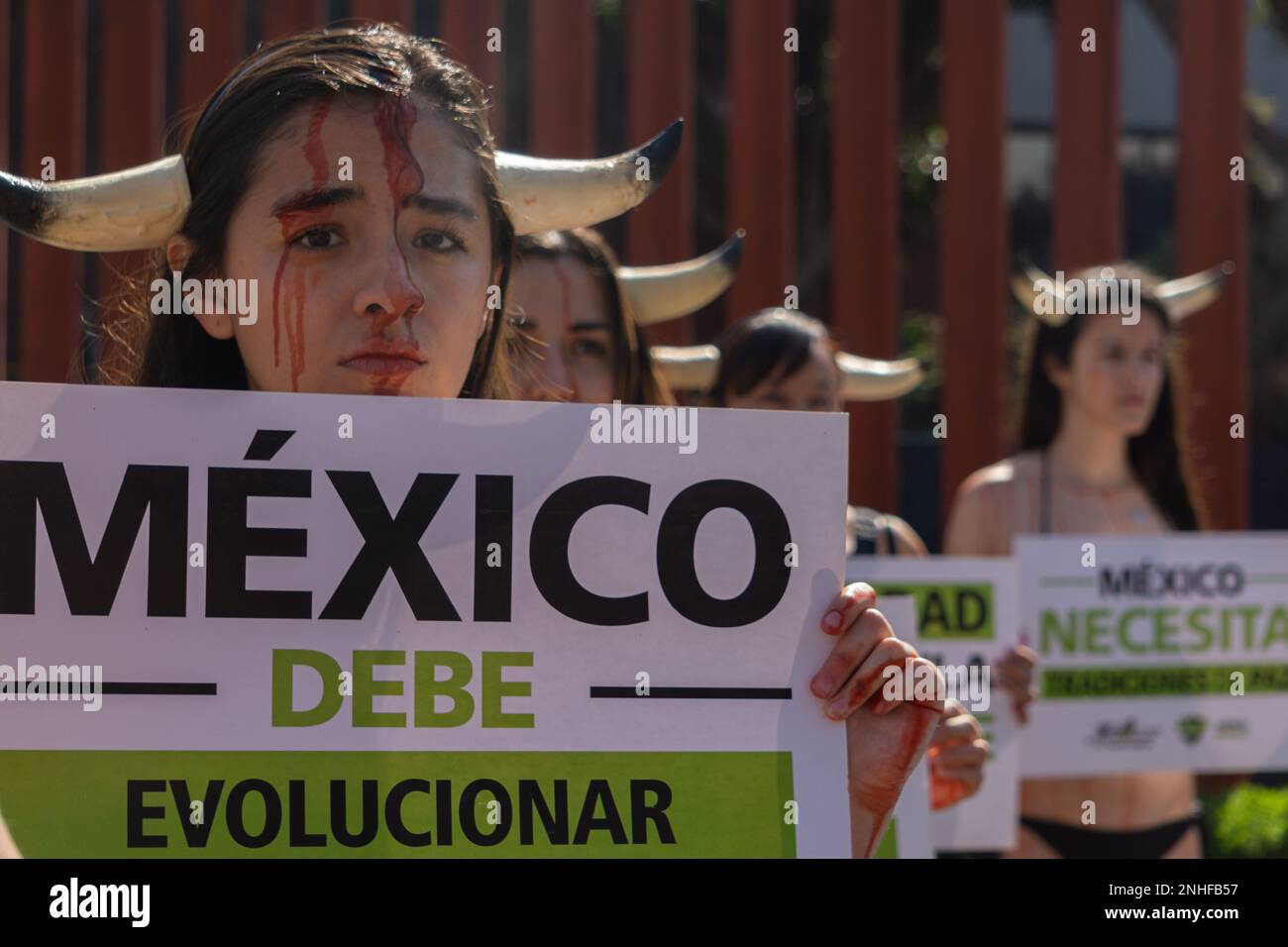 February 21, 2023. Mexico City, Mexico: Activists of the ''Animal Heroes'' collective, take part during a demonstration against  bull torture in bullfighting events outside Chamber of Deputies in San Lazaro. on February 21, 2023 in Mexico City, Mexico.  (Photo by David Patricio / Eyepix Group) Stock Photo