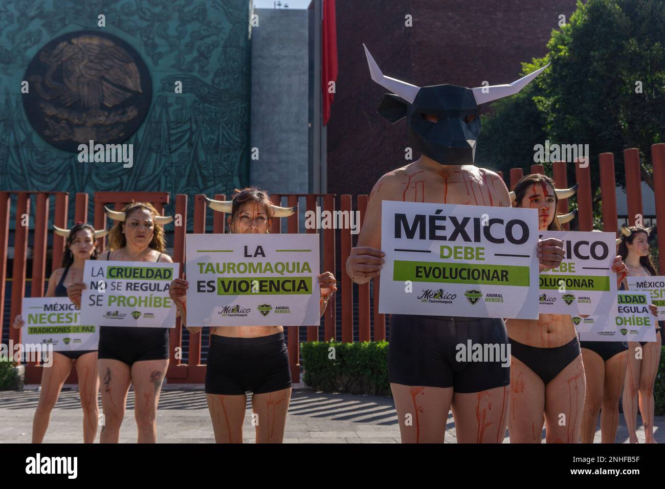 February 21, 2023. Mexico City, Mexico: Activists of the ''Animal Heroes'' collective, take part during a demonstration against  bull torture in bullfighting events outside Chamber of Deputies in San Lazaro. on February 21, 2023 in Mexico City, Mexico.  (Photo by David Patricio / Eyepix Group) Stock Photo