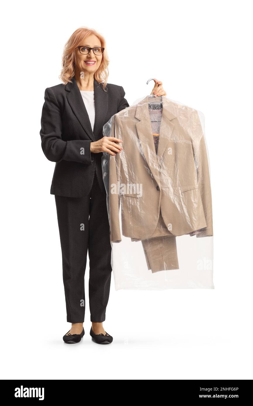 Woman collecting suit from dry cleaners isolated on a white background