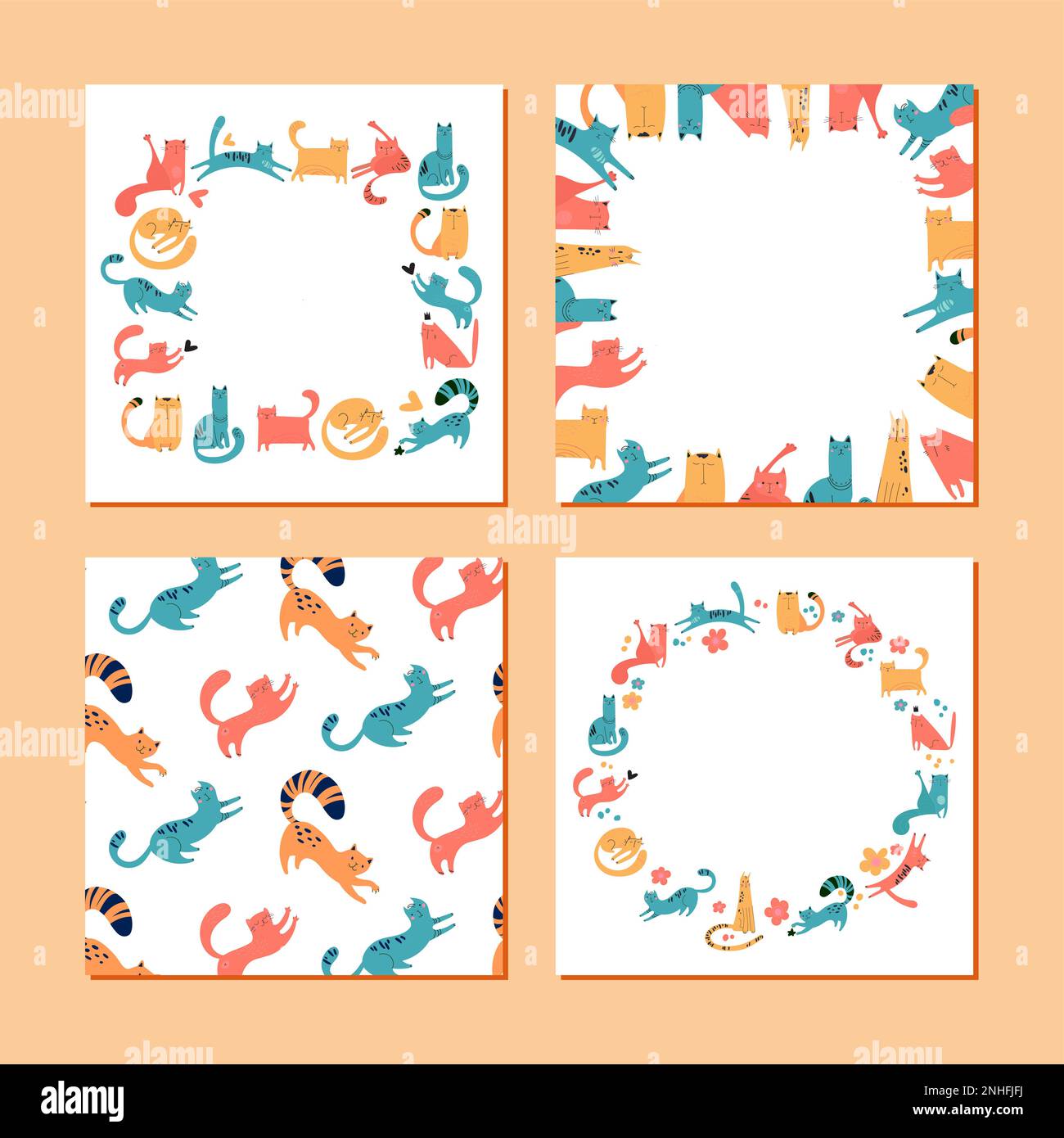 A set of frames with a cat print and seamless pattern for printing