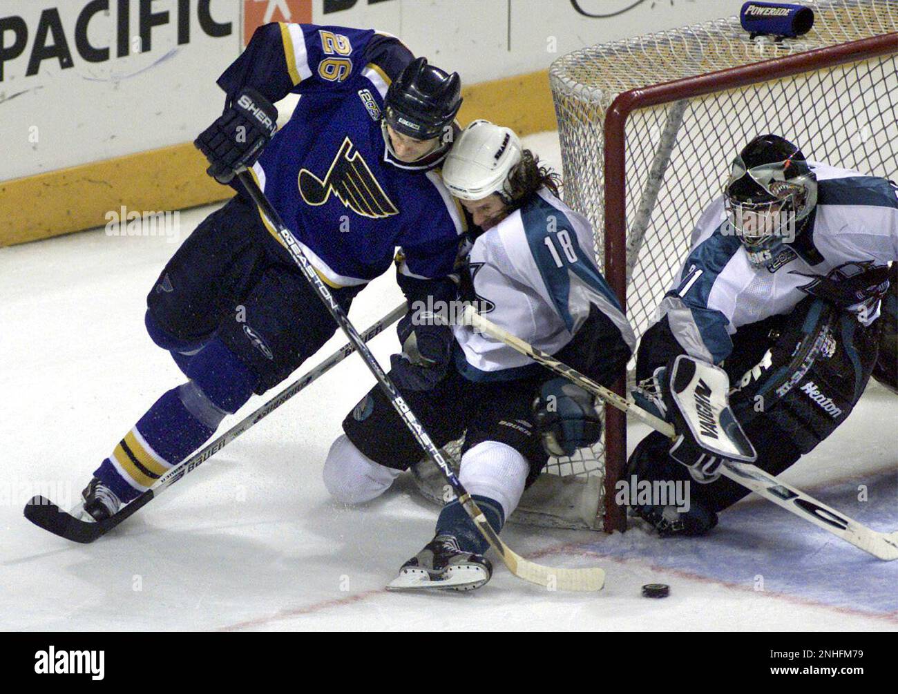 SHARKS RICCI-C-02MAY00-SP-MAC --- Sharks' Mike Ricci scores a goal in the  second period of play to even the score 1-1. San Jose Sharks v. Dallas  Stars. Game 3 of the Semi-Final Playoffs.