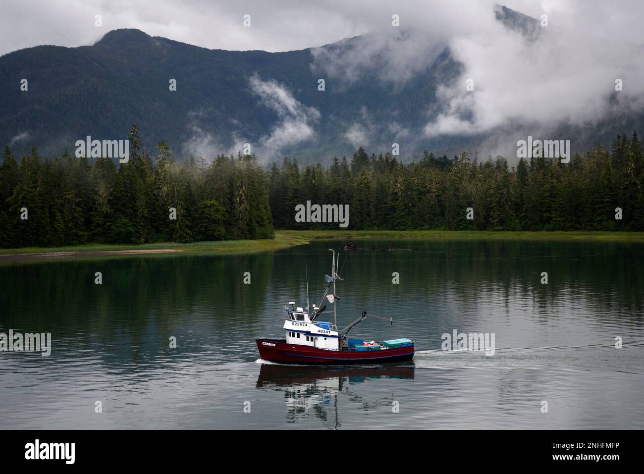 The fishing boat Czarina in Beecher Pass, near Petersburg, Alaska. Stock Photo