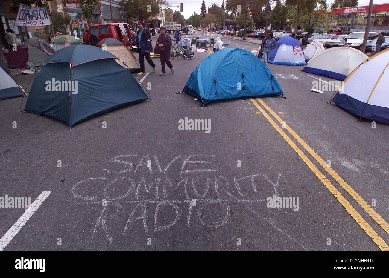 KPFA 1-C-20JUL99-MN-MAC KPFA Radio in Berkely. Ongoing protest from  supporters of the radio station against management who have recently shook  up the staff by firing many of the employess. A tent city