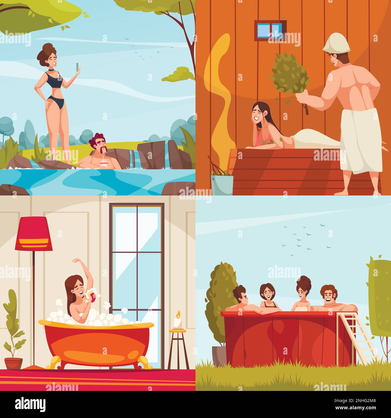 Bathing 2x2 design concept with people relaxing in thermal waters sauna and home bathroom cartoon vector illustration Stock Vector