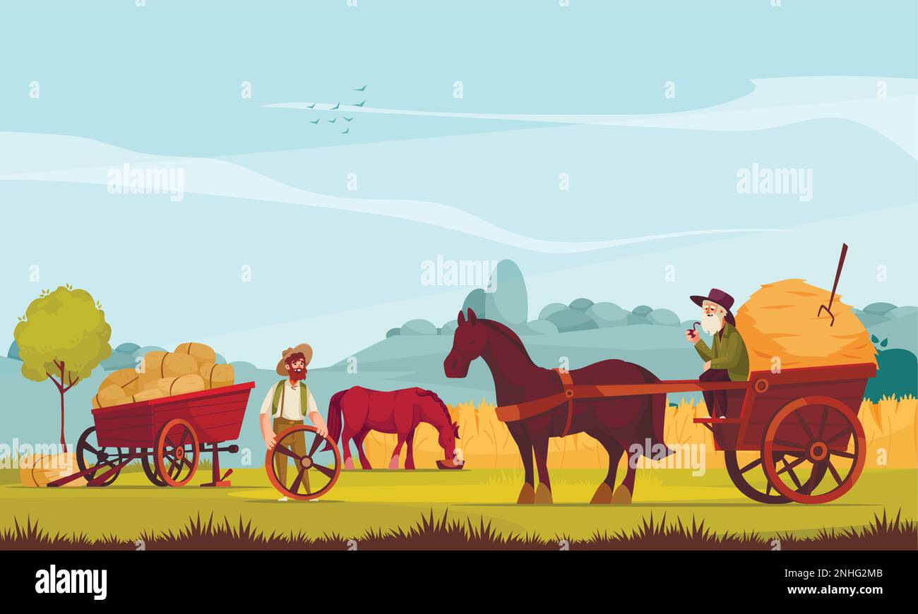 Horse drawn vehicles at rustic background with animals in harness to