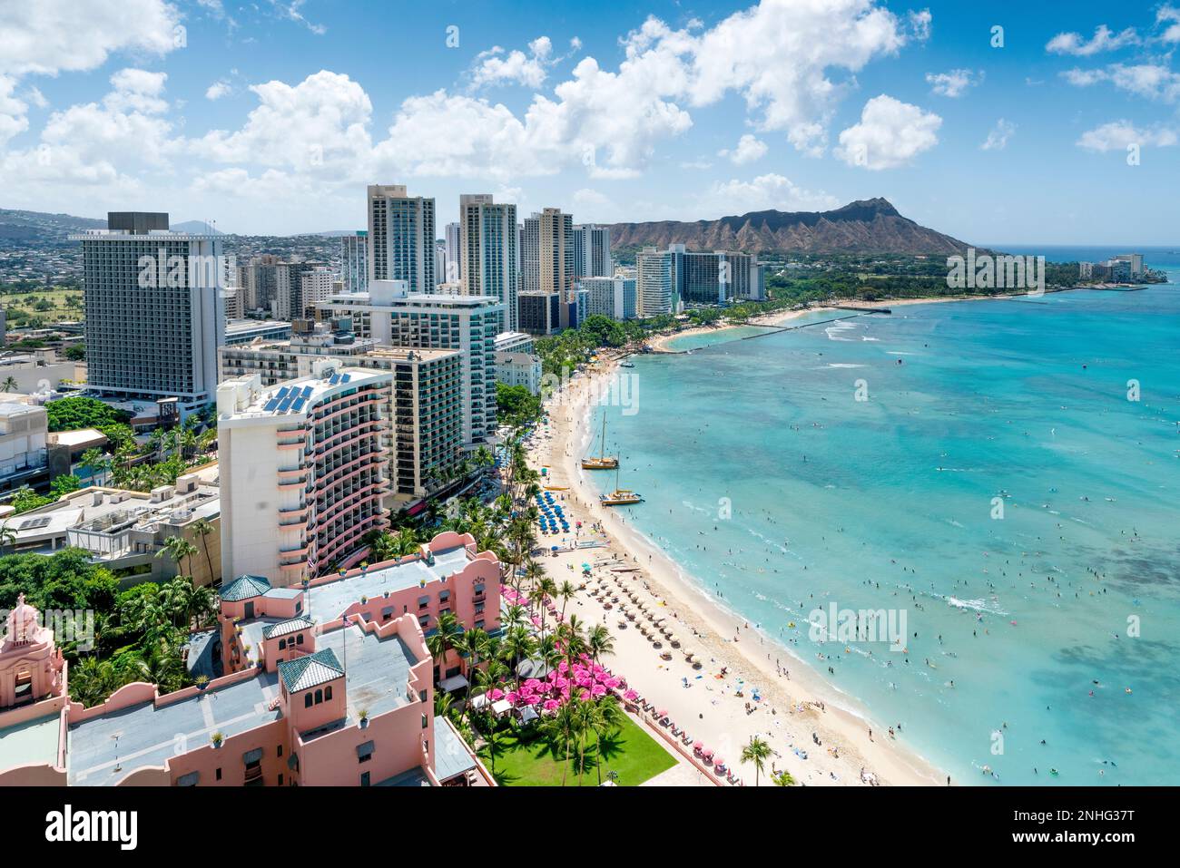 Waikiki Beach and Diamond Head Volcano Honolulu,Oahu,Hawaii,USA Stock