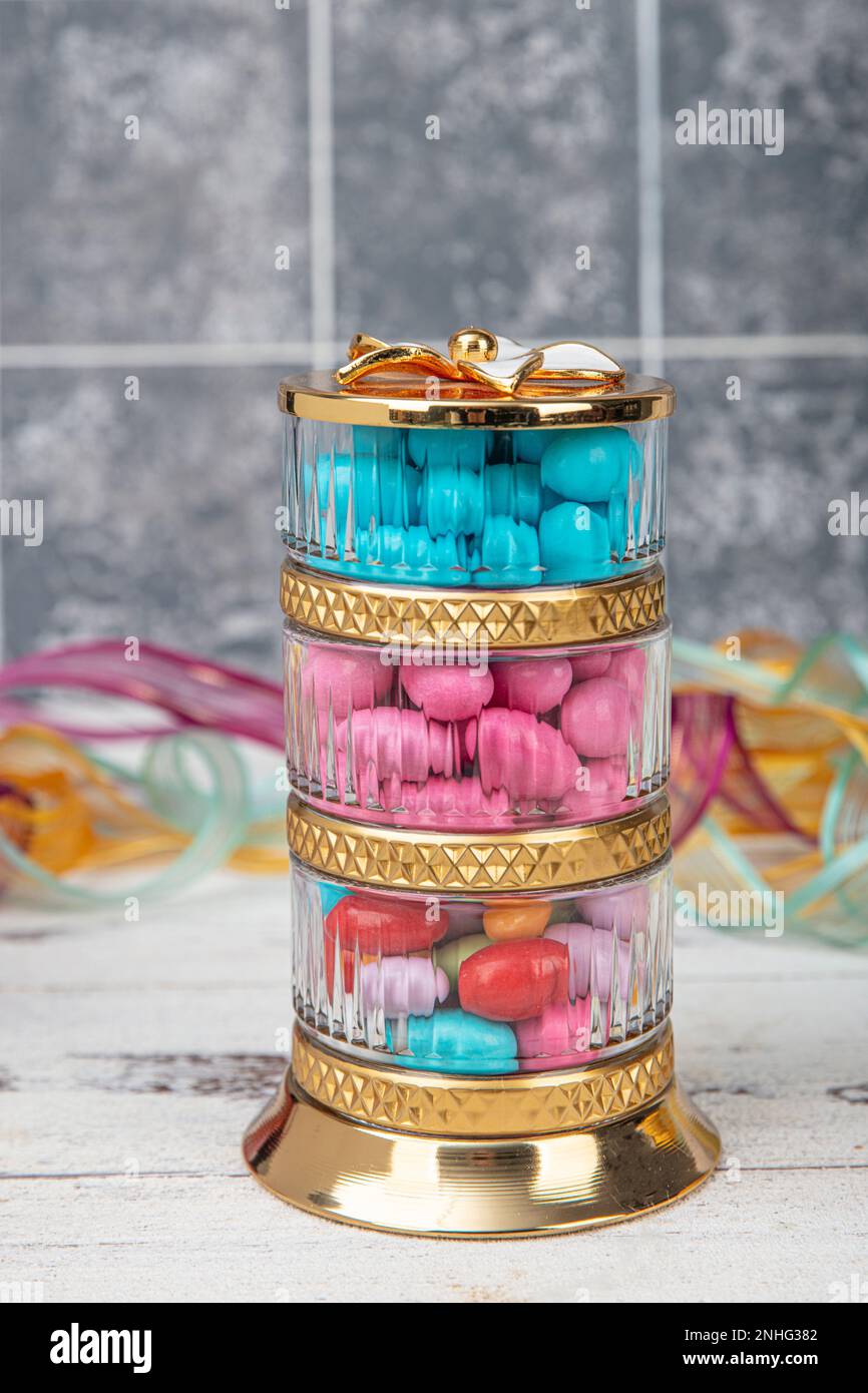 Colorful almond candy. Small colorful egg shape candies with almond