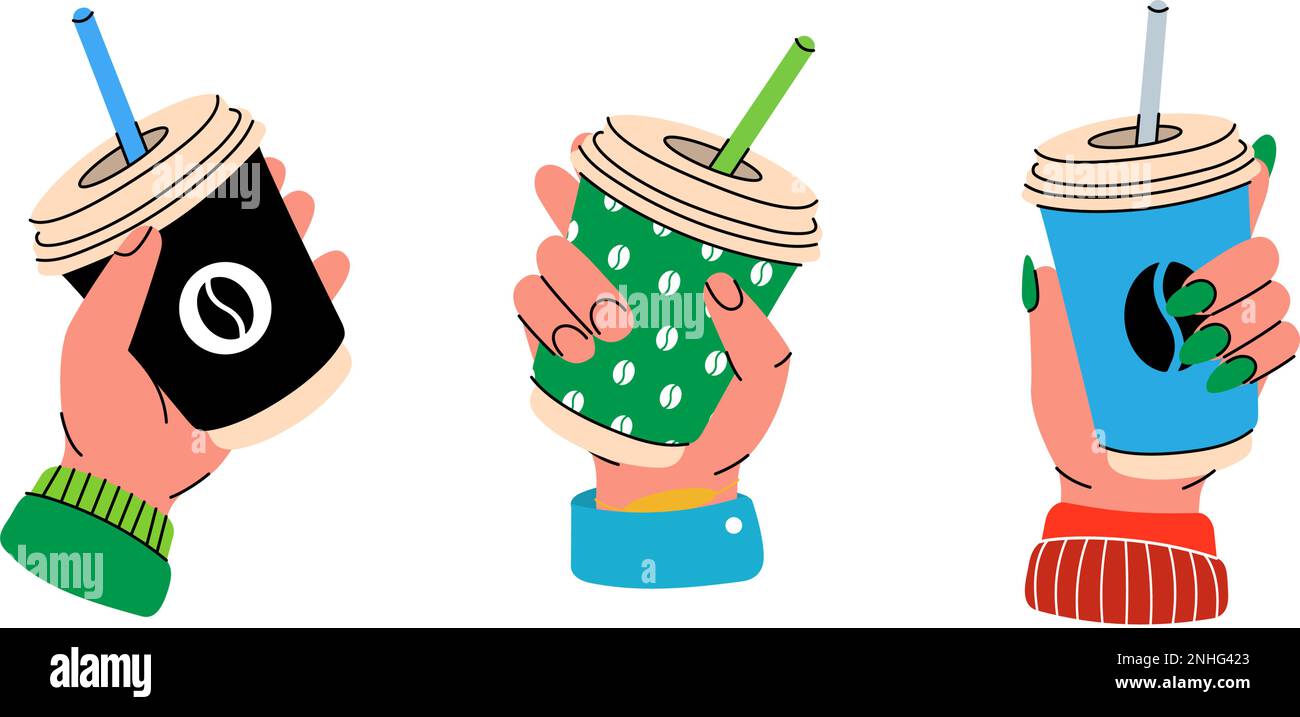 Hand with coffee cup set. Hand holding disposable coffee cup. Matcha