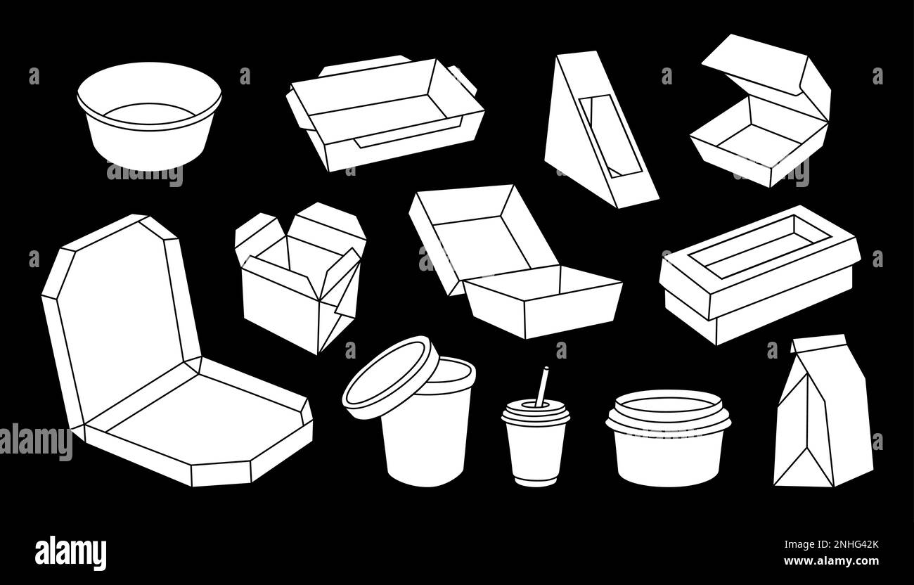 Set of takeaway cardboard boxes sketch. Cardboard boxes for takeaway food. Food and drink