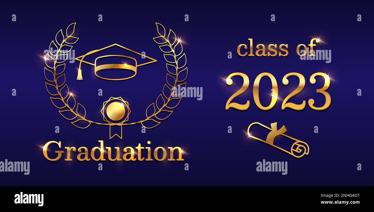 Golden graduation with a student cap, diploma scroll, and congratulatory text on a dark blue background. Perfect for celebrating academic achievements Stock Vector