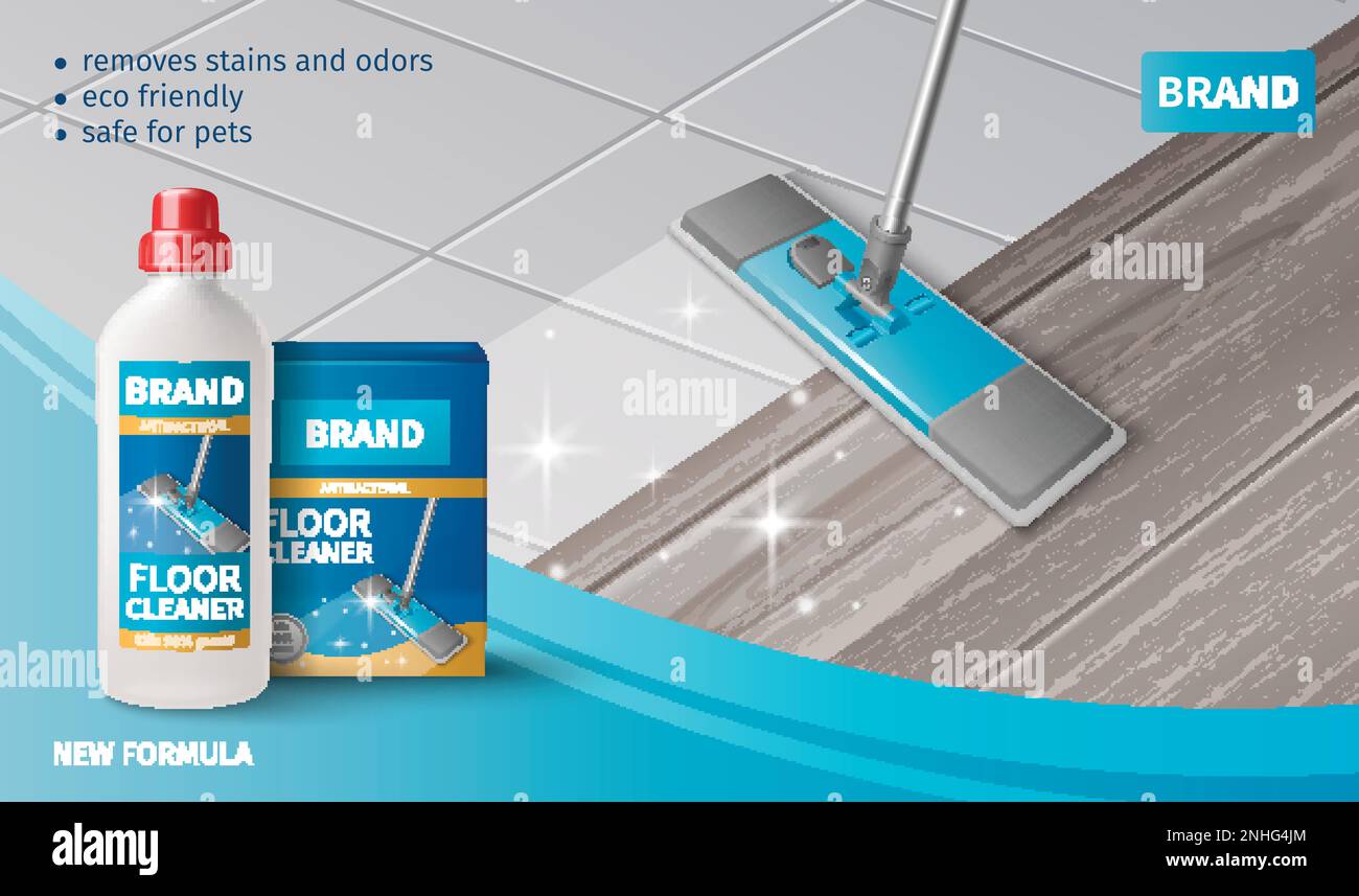 Household cleaning products realistic poster with brush washing floor