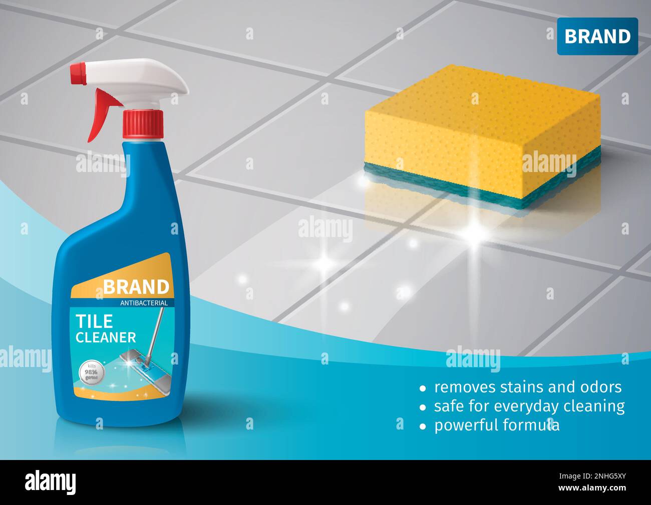 Household cleaning realistic poster with detergent spray and sponge