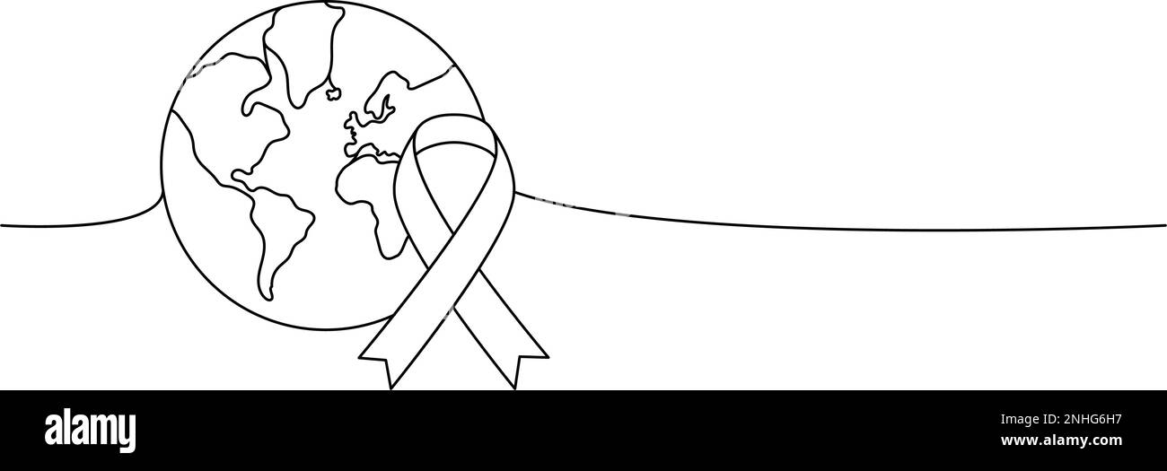 Earth with cancer aid ribbon one line continuous drawing. World map