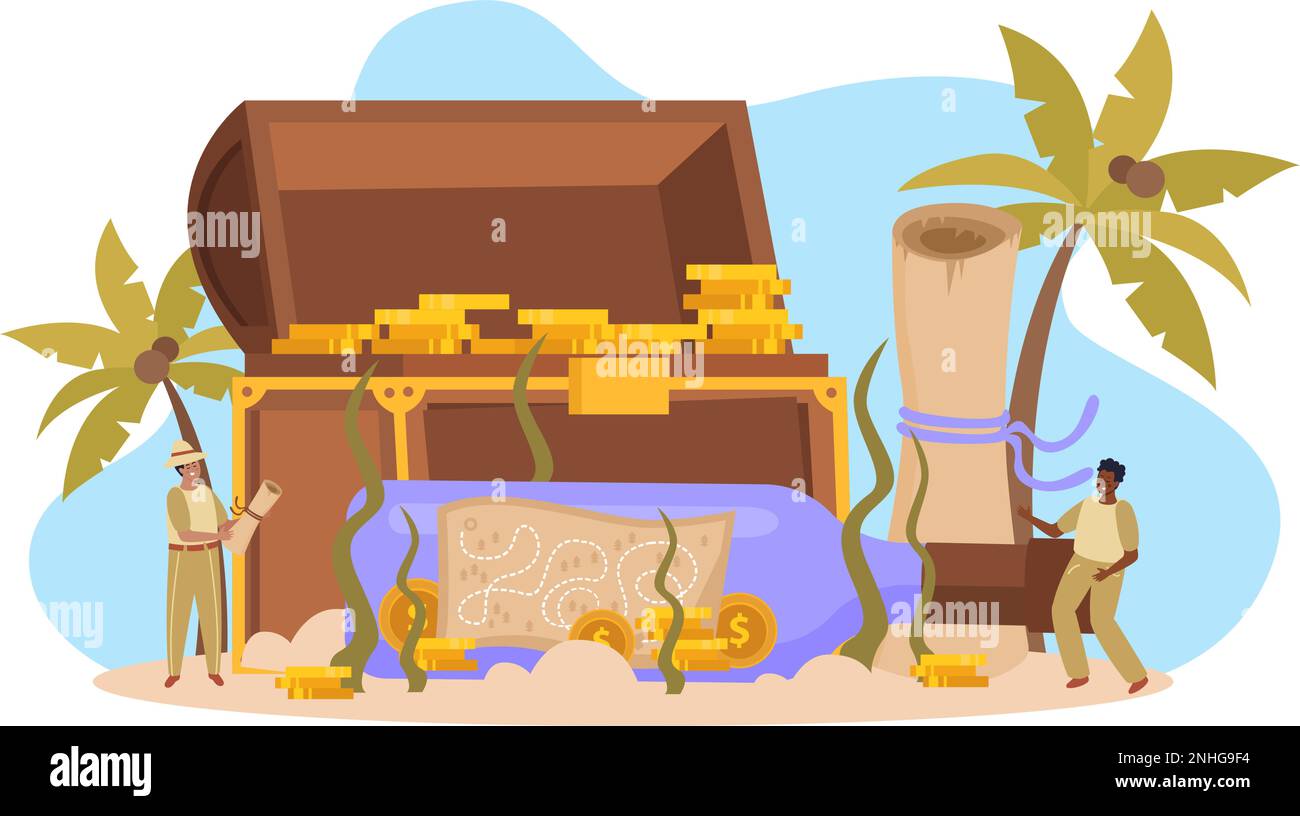 Treasure hunt flat composition with map in bottle old chest with gold coins on sand and two tiny people vector illustration Stock Vector