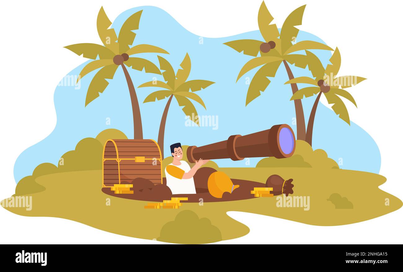 Flat treasure hunt composition with adventurer looking through spyglass near excavated chest with gold vector illustration Stock Vector