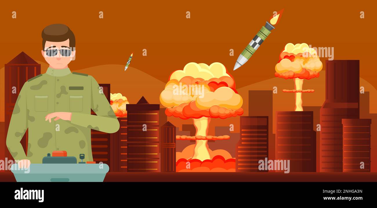 Atomic war concept with man pushing red nuclear button on background with cityscape and exploding missiles flat vector illustration Stock Vector