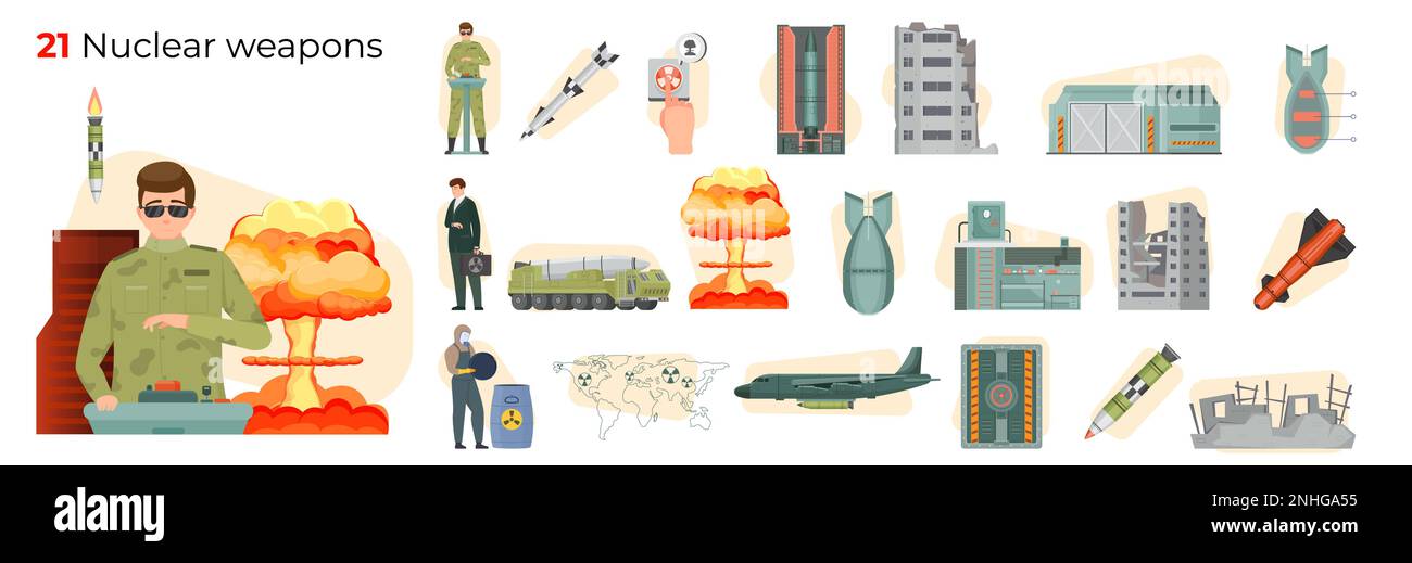 Nuclear war flat composition set with ballistic missiles explosion destroyed houses military men isolated vector illustration Stock Vector