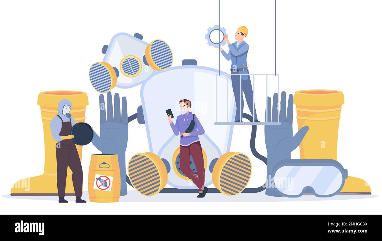 Protection equipment items gloves glasses respirators boots and workers