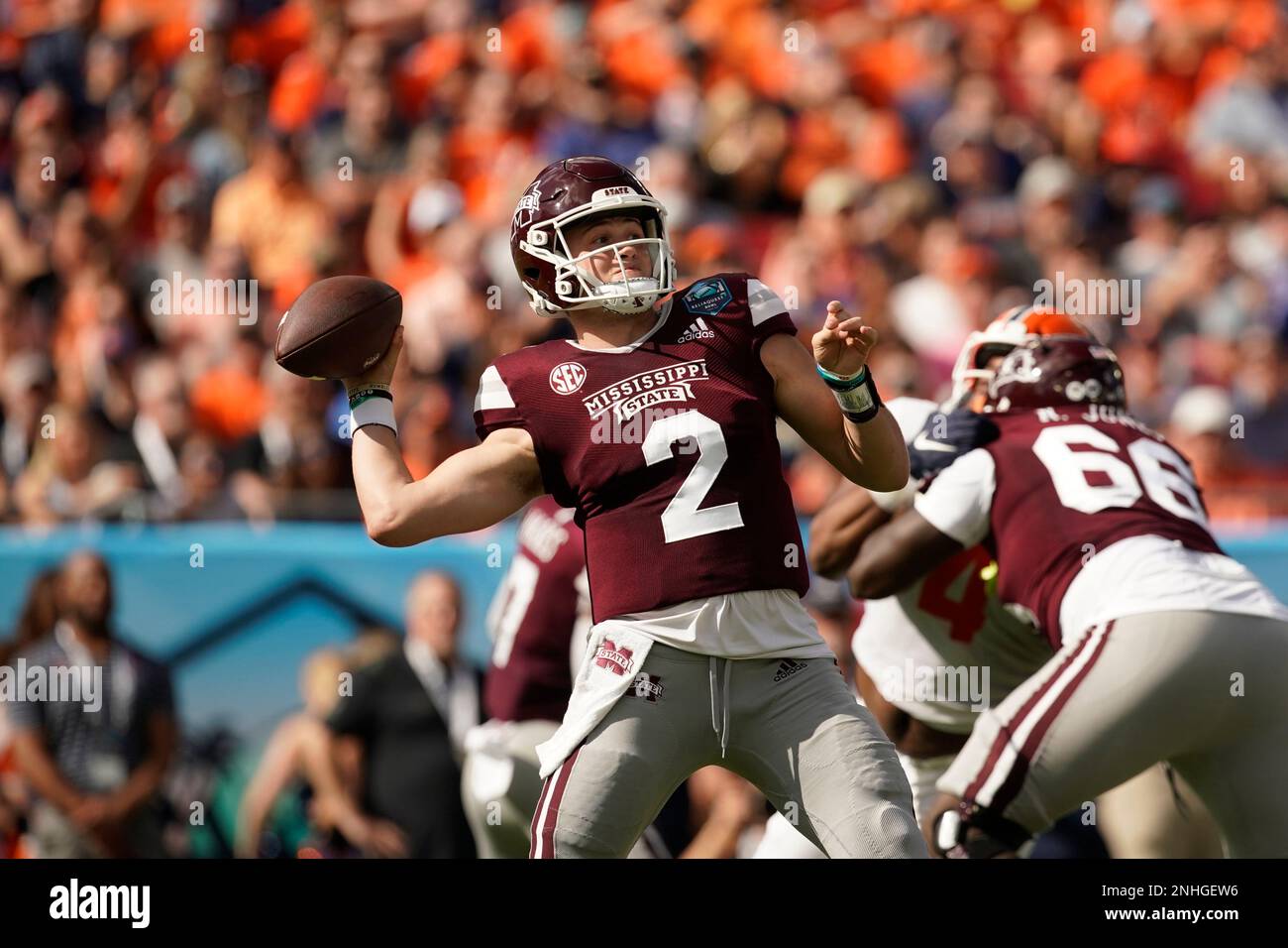 Tampa FL USA; Mississippi State Bulldogs quarterback Will Rogers (2) passes  the ball during the ReliaQuest Bowl game against the Illinois Fighting  Illini at Raymond James Stadium, Monday, January 2, 2023. The