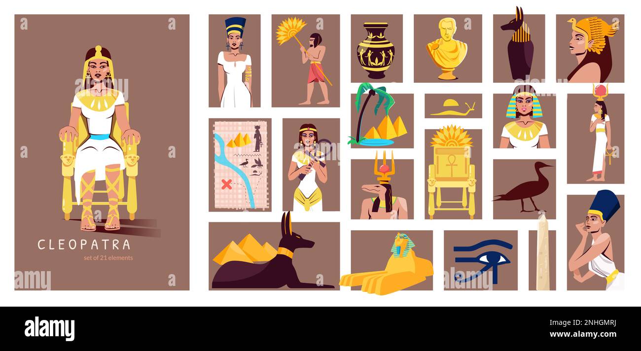 Cleopatra flat composition consisting from separate rectangular illustrations of ancient egypt symbols vector illustration Stock Vector
