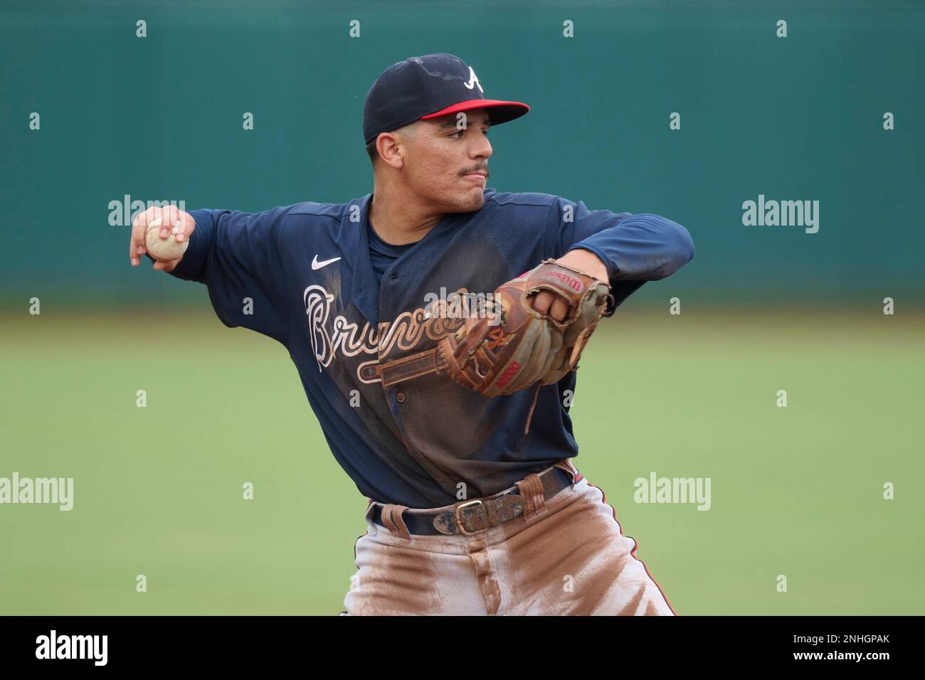 FCL Braves third baseman Ignacio Alvarez (95) throws to first base during a Florida Complex League baseball game against the FCL Orioles on August 9, 2022 at Ed Smith Stadium in Sarasota,