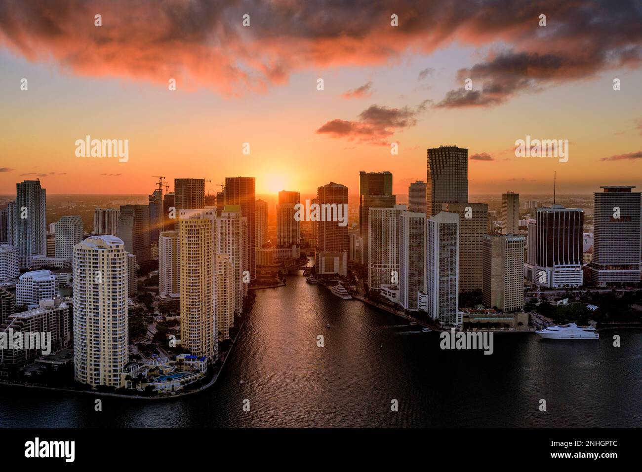 Brickell Key,Miami Downtown at sunset, Aerial, Miami,Miami Beach South