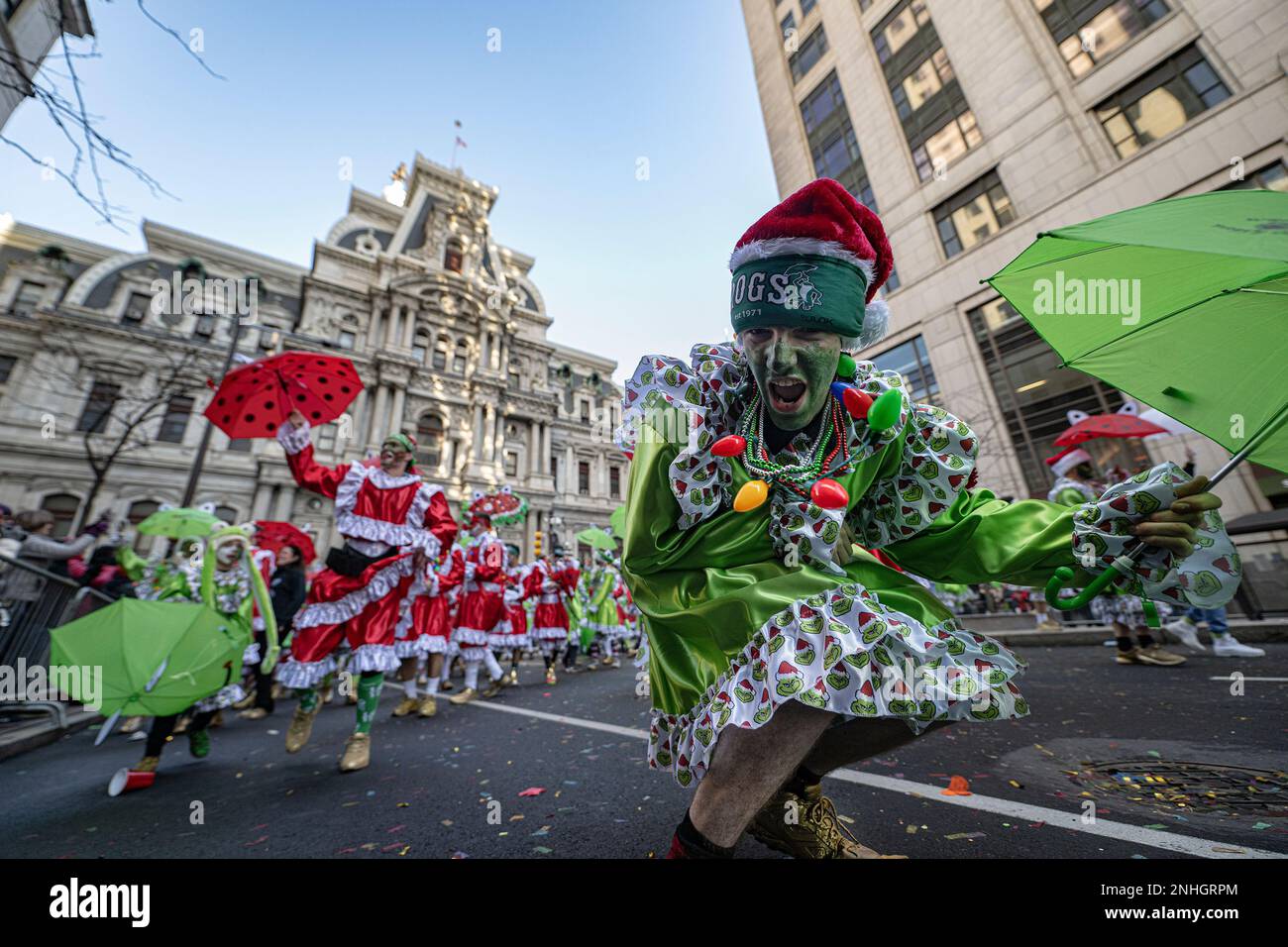 Philadelphias Mummers Froggy Carr Wench Brigade strut in the 2023 parade on Jan