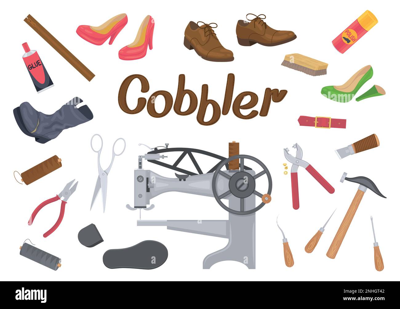 Shoes repairing service flat background with isolated icons of cobblers