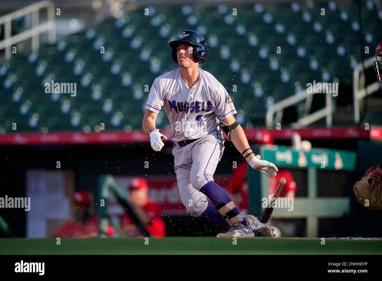 Fort Myers Mighty Mussels Tanner Schobel (1) bats during a Florida